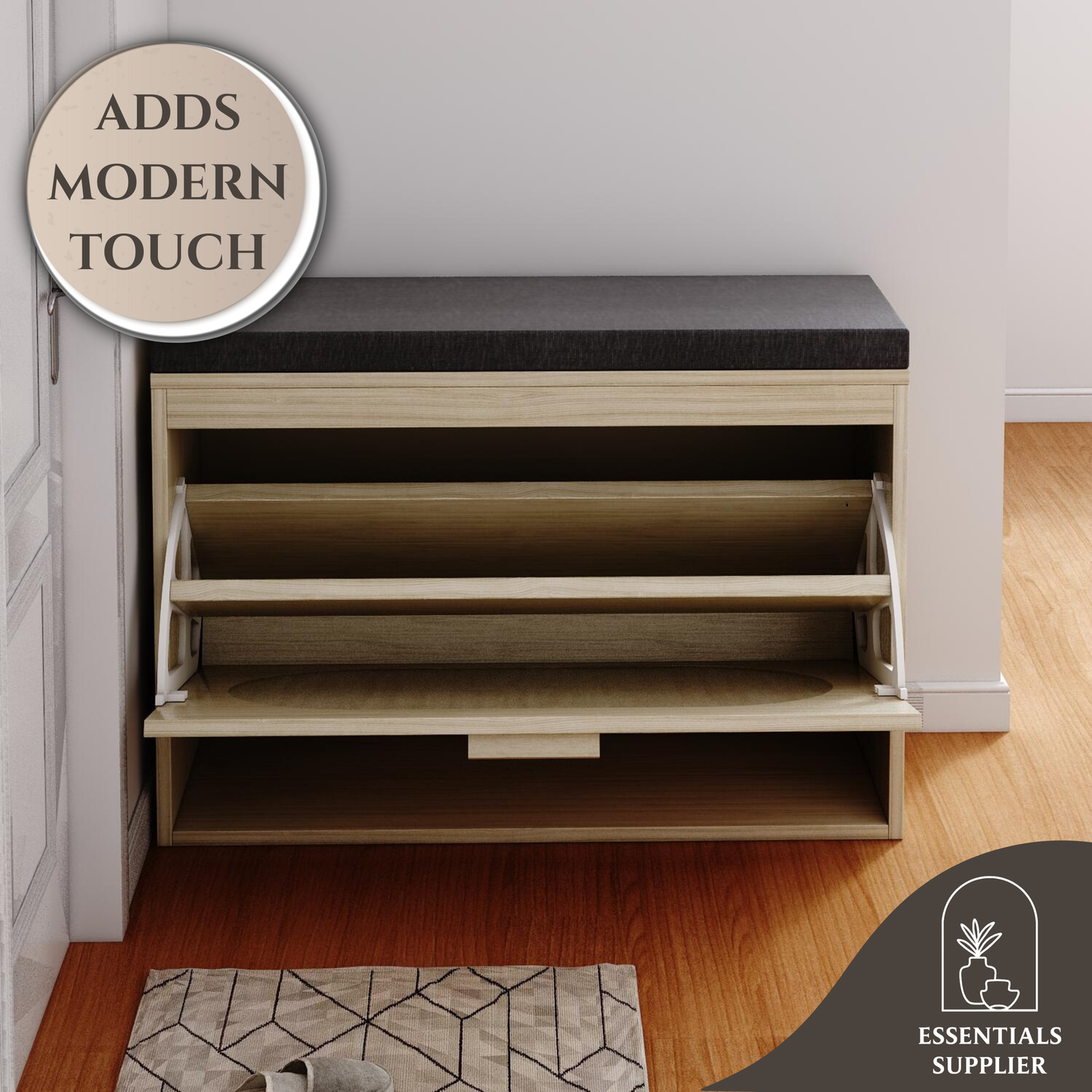 Rattan Shoe Cabinet Bench with Flip Drawer & Cushion for Hallway Storage
