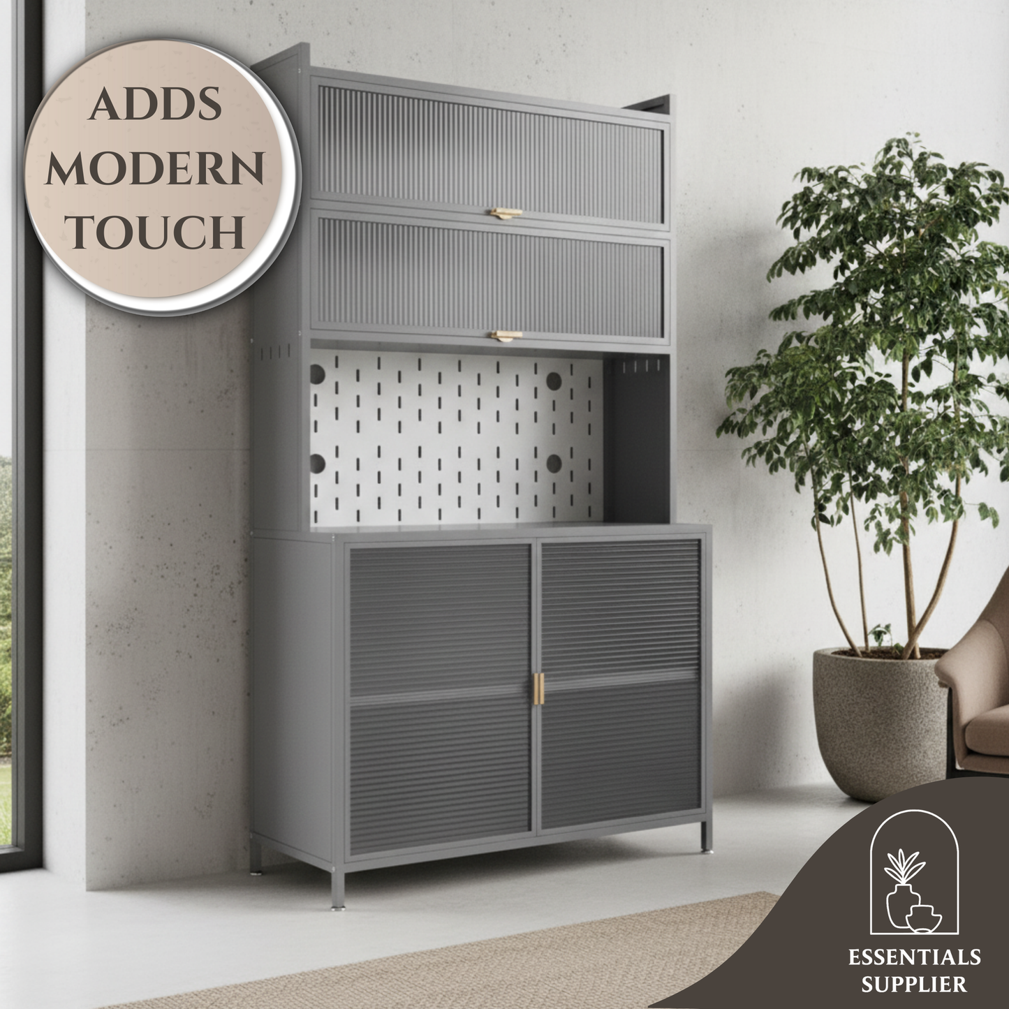 73'' Tall Grey Kitchen Pantry Cabinet with Flip Doors & Pegboard Storage