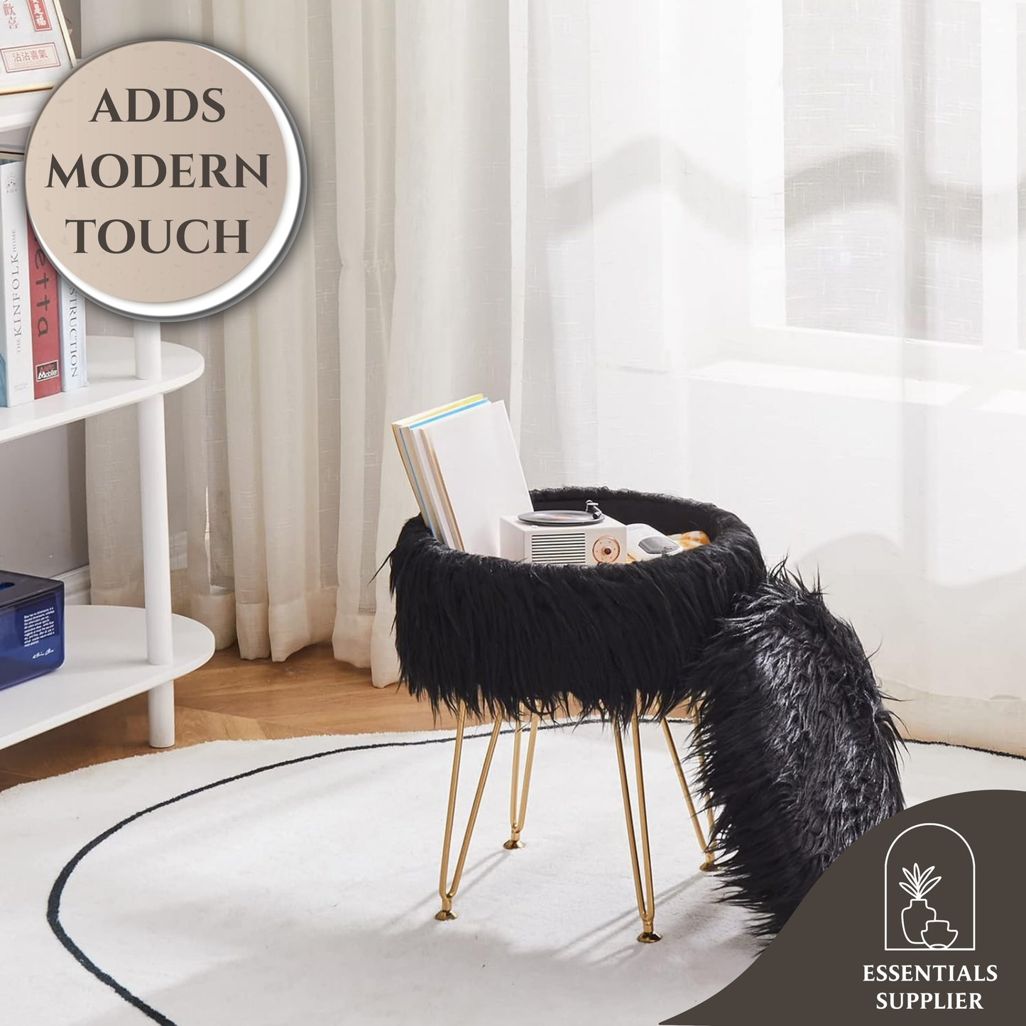 Faux Fur Ottoman Stool with Marble Tray, Footrest & Storage, Black Vanity Seat
