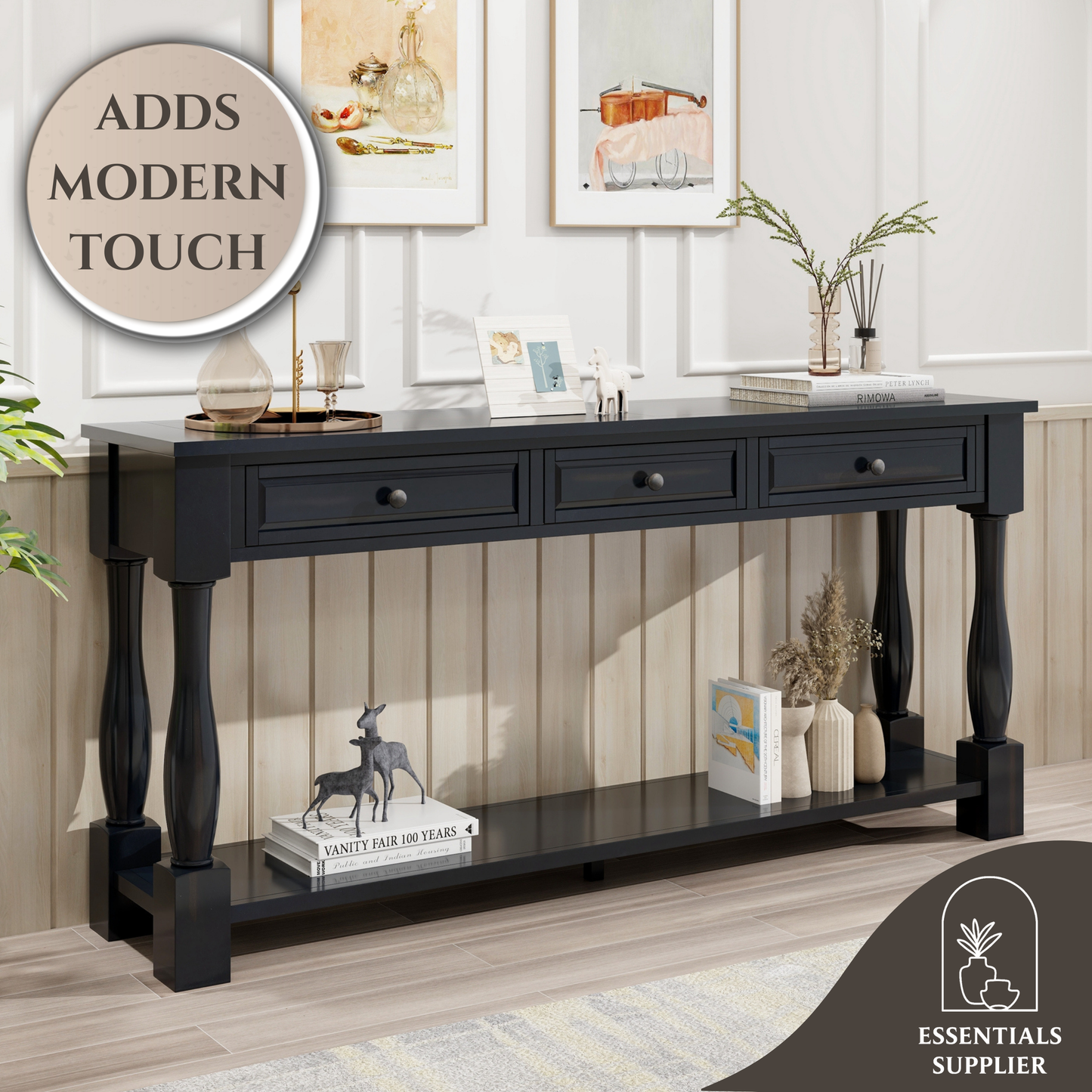 63" Black Console Table with Drawers & Shelf for Entryway, Hallway, Living Room