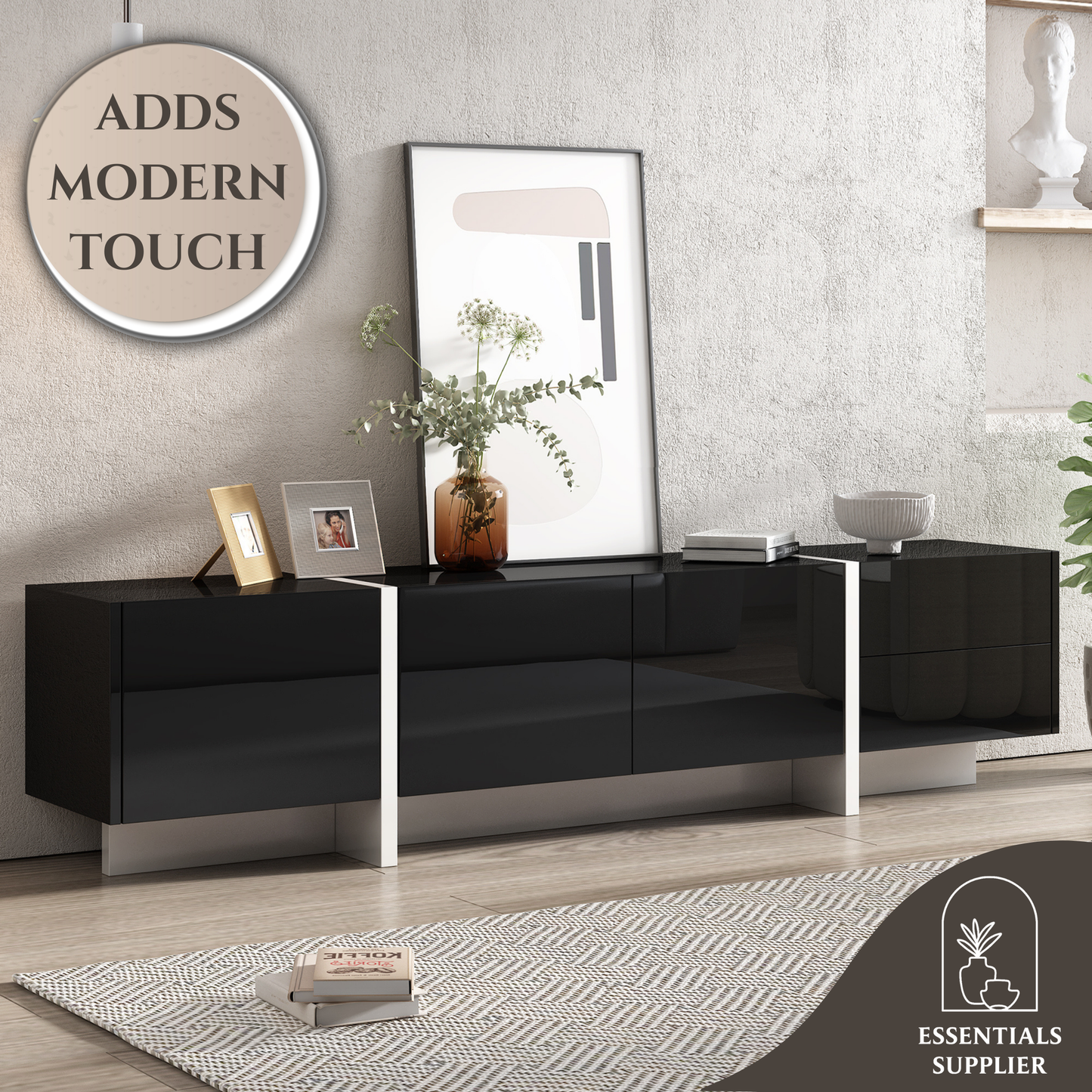 Modern Black & White TV Stand, Fits TVs Up to 80'', High Gloss Cabinet