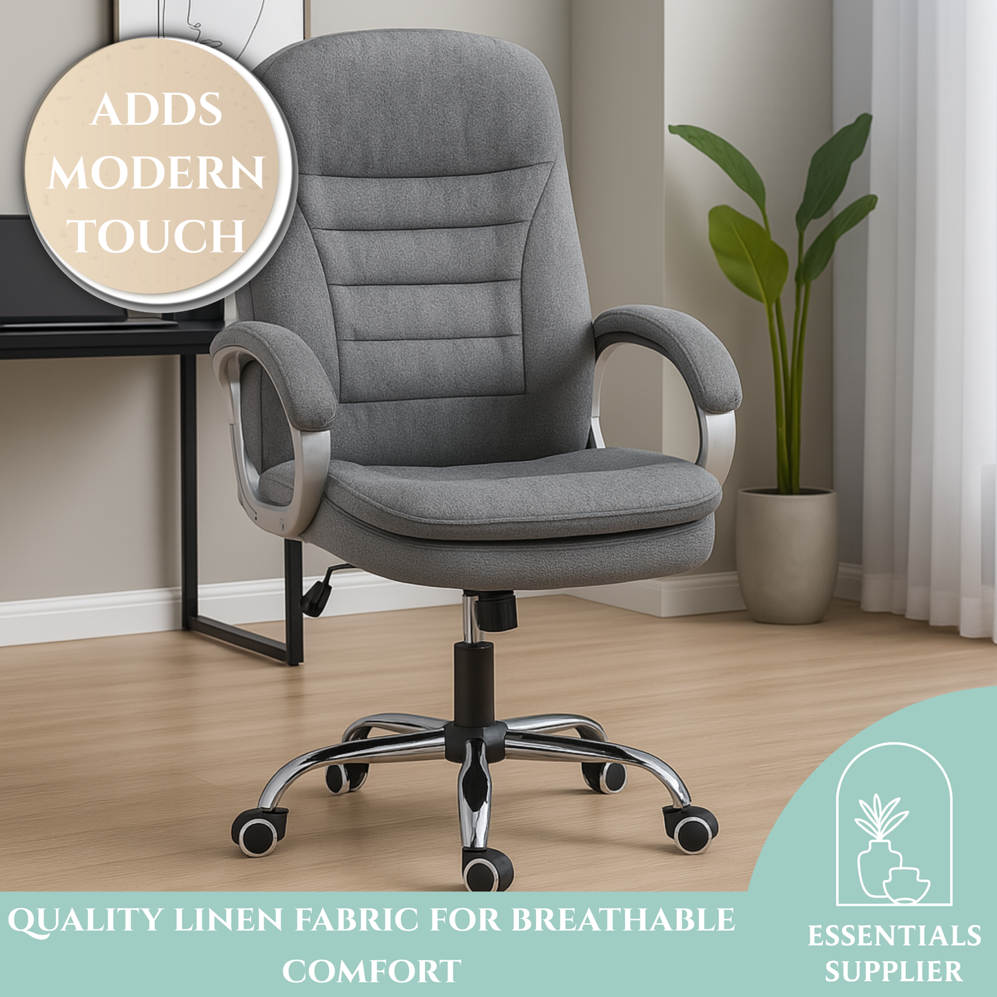 Grey High-Back Linen Office Chair with Lumbar Support & Adjustable Height