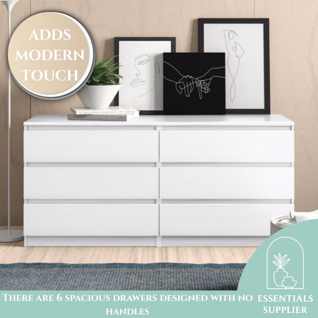 White 6 Drawer Double Dresser for Bedroom, Living Room, or Hallway Use