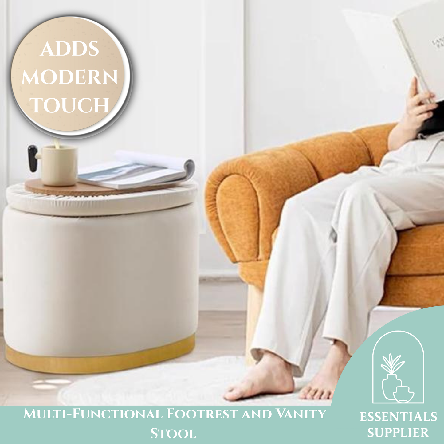 Round Storage Ottoman with Flip-Top Lid – Cream Upholstered Stool