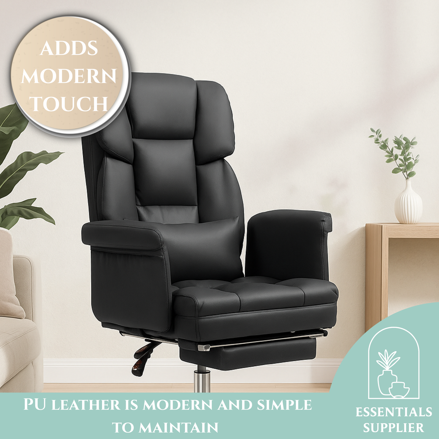 Black Massage Office Chair with Reclining Back, Footrest & PU Leather Finish