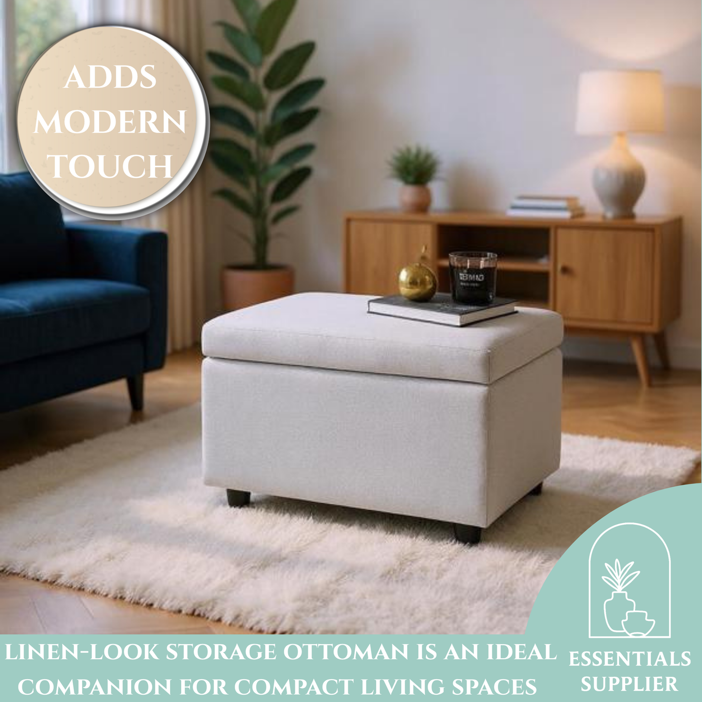 Light Gray Linen Storage Ottoman Bench with Hidden Compartment – 24.8" Wide
