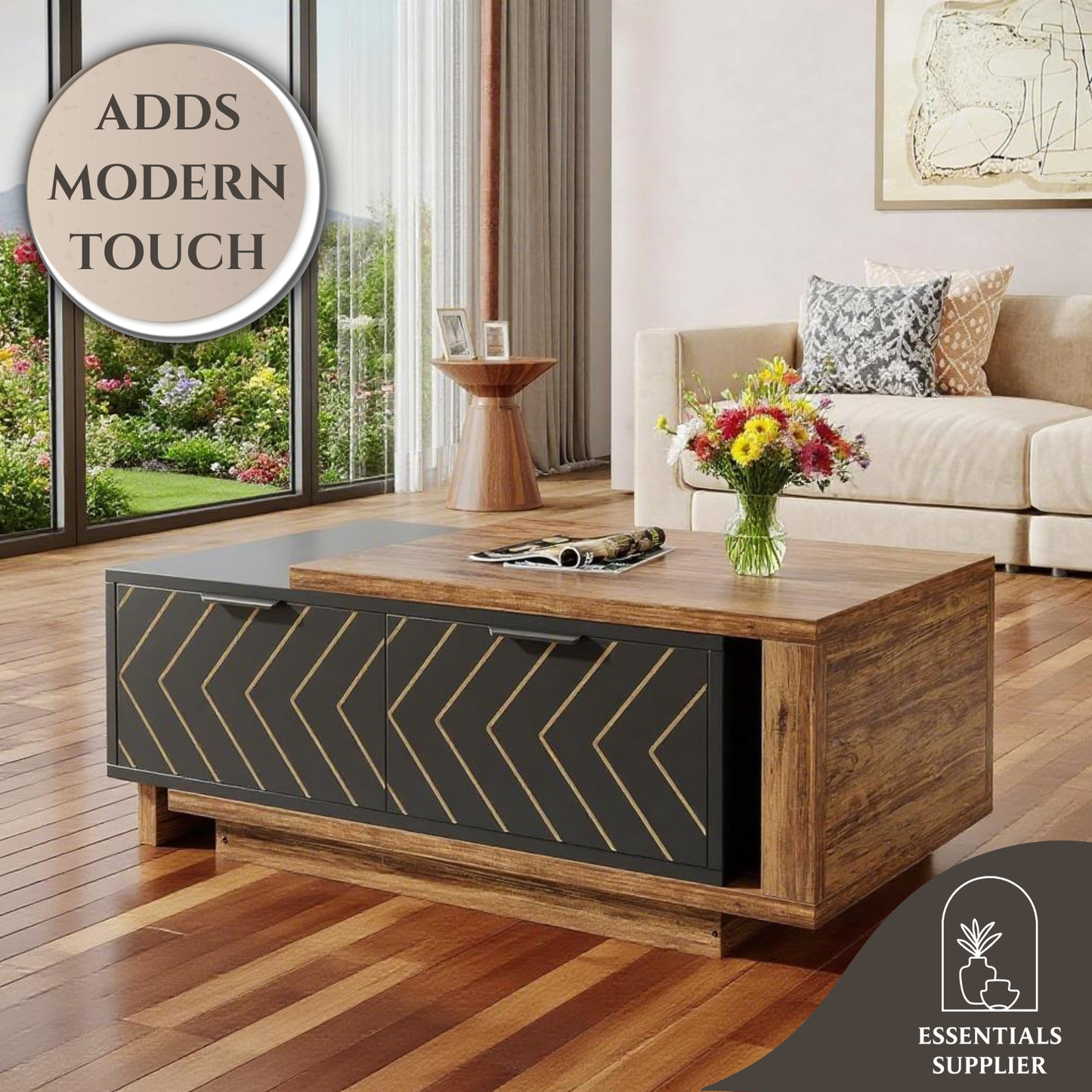 Expandable Dual-Tone Coffee Table – Walnut & Oak with Storage Drawers