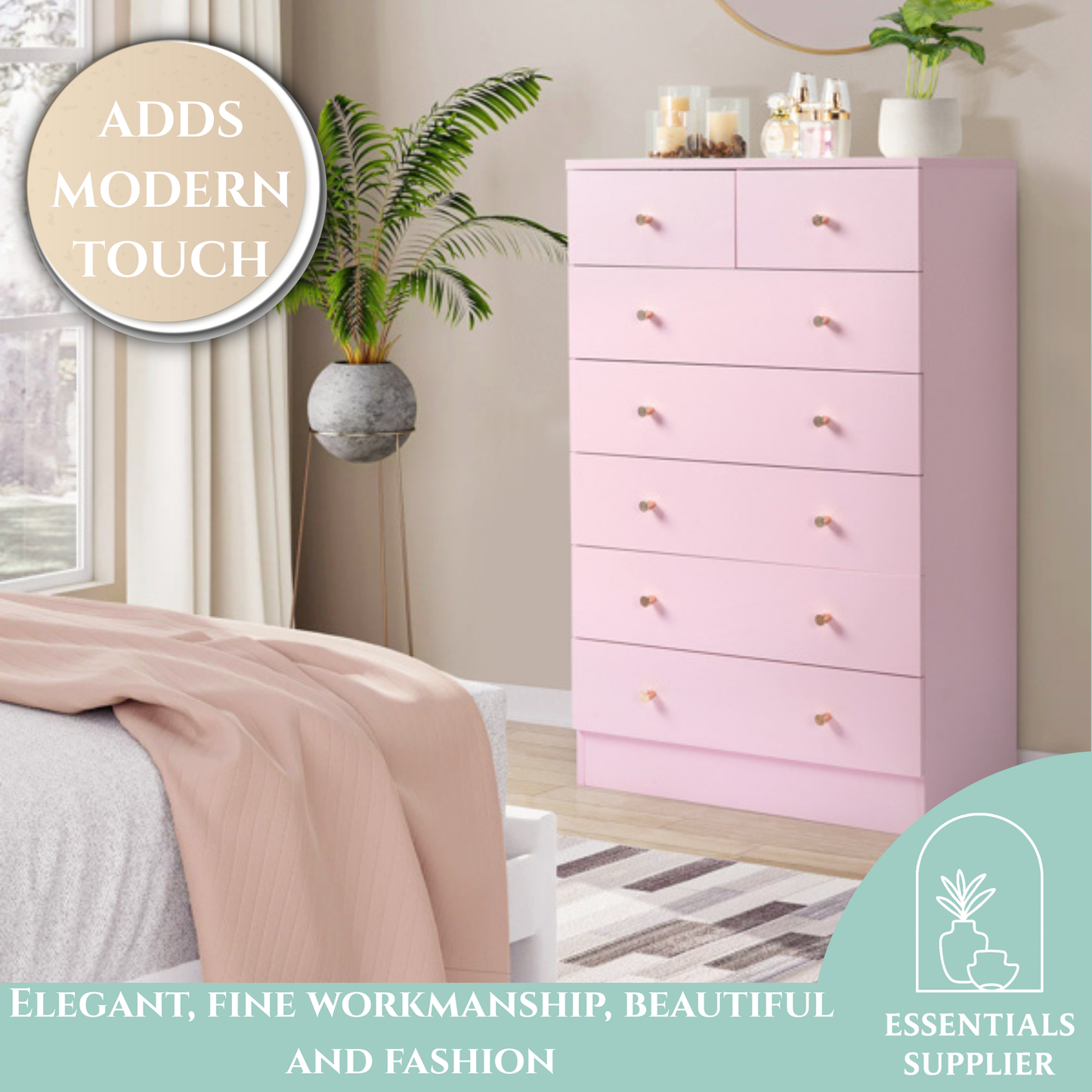 Modern Pink 7-Drawer Dresser – Space-Saving Storage for Bedroom or Home