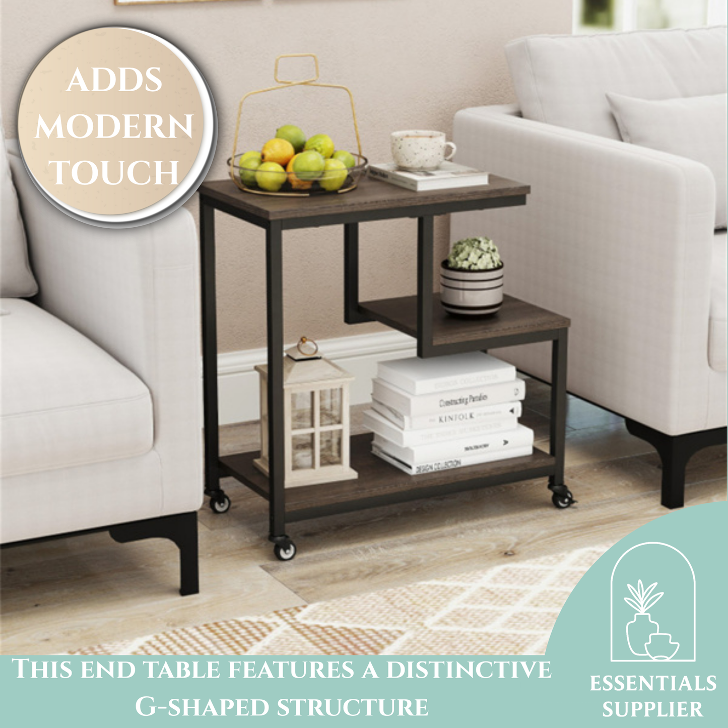 G-Shaped 3-Tier Gray End Table with Wheels – Mobile Storage Side Table