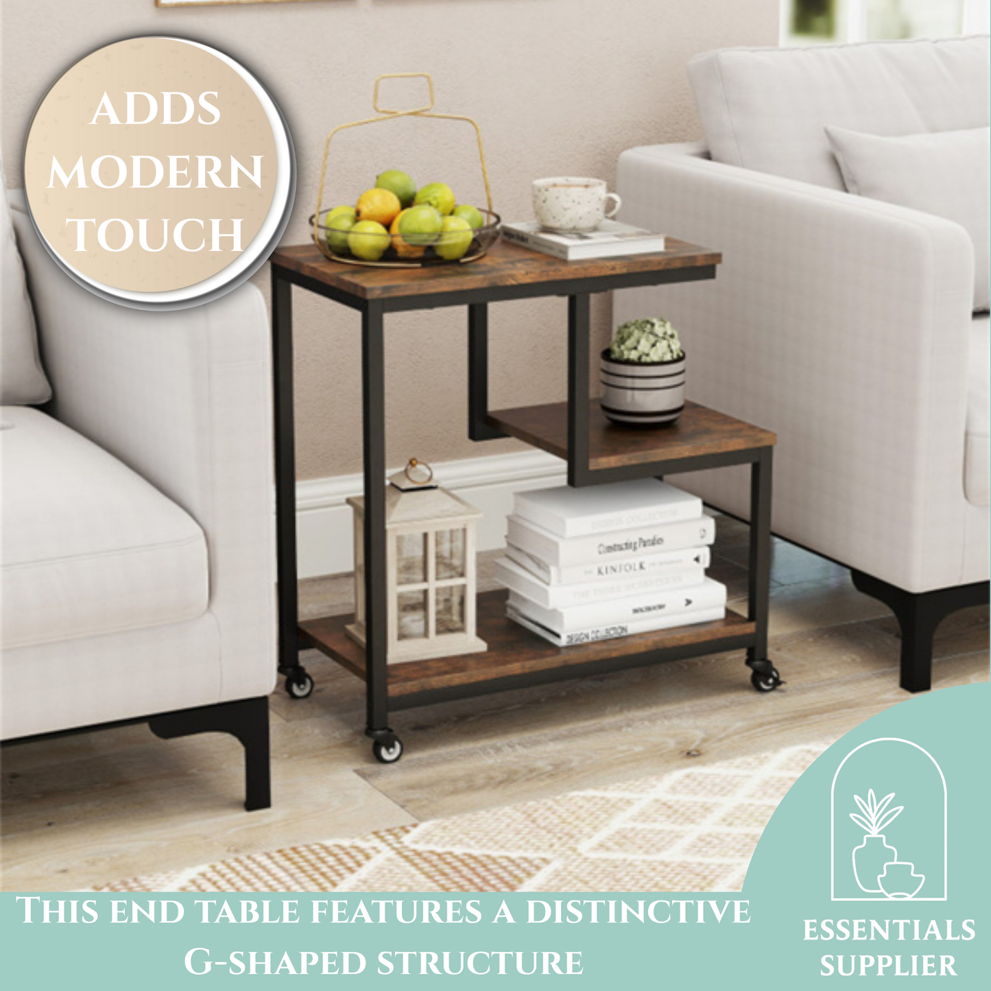 G-Shaped 3-Tier Brown End Table with Wheels – Mobile Storage Side Table