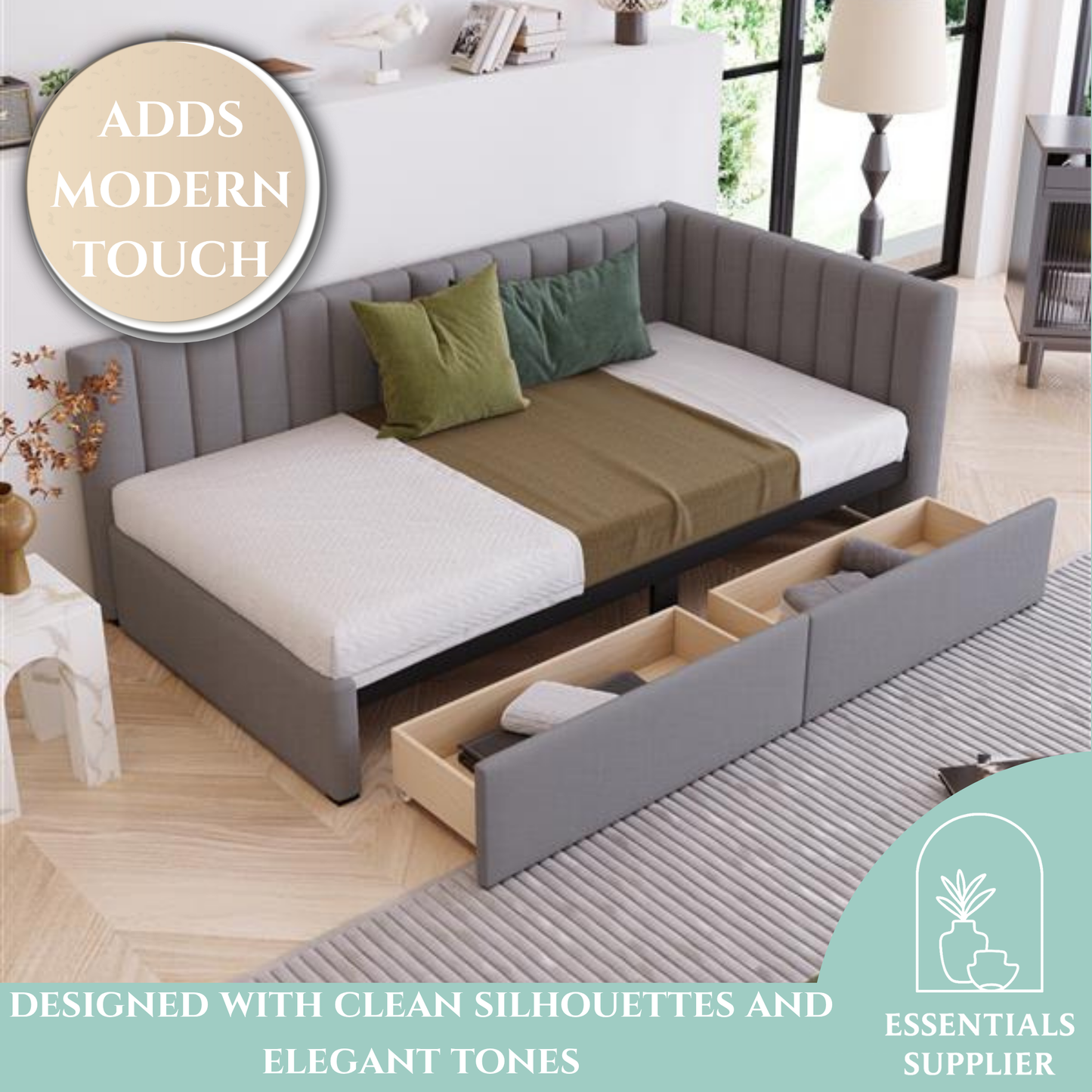 Gray Twin Upholstered Daybed with 2 Storage Drawers – Linen Sofa Bed Frame
