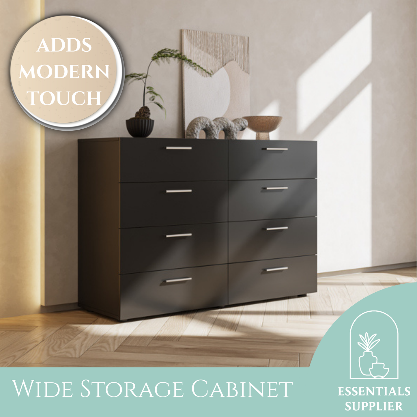 8 Drawer Double Dresser, Wide Storage Cabinet for Bedroom, Living Room, Black