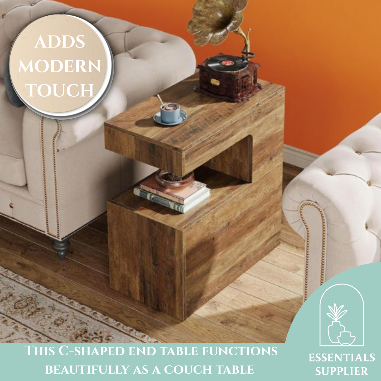 C-Shaped End Table with Shelf – Rustic Side Coffee Table for Couch, Bed & Living Room