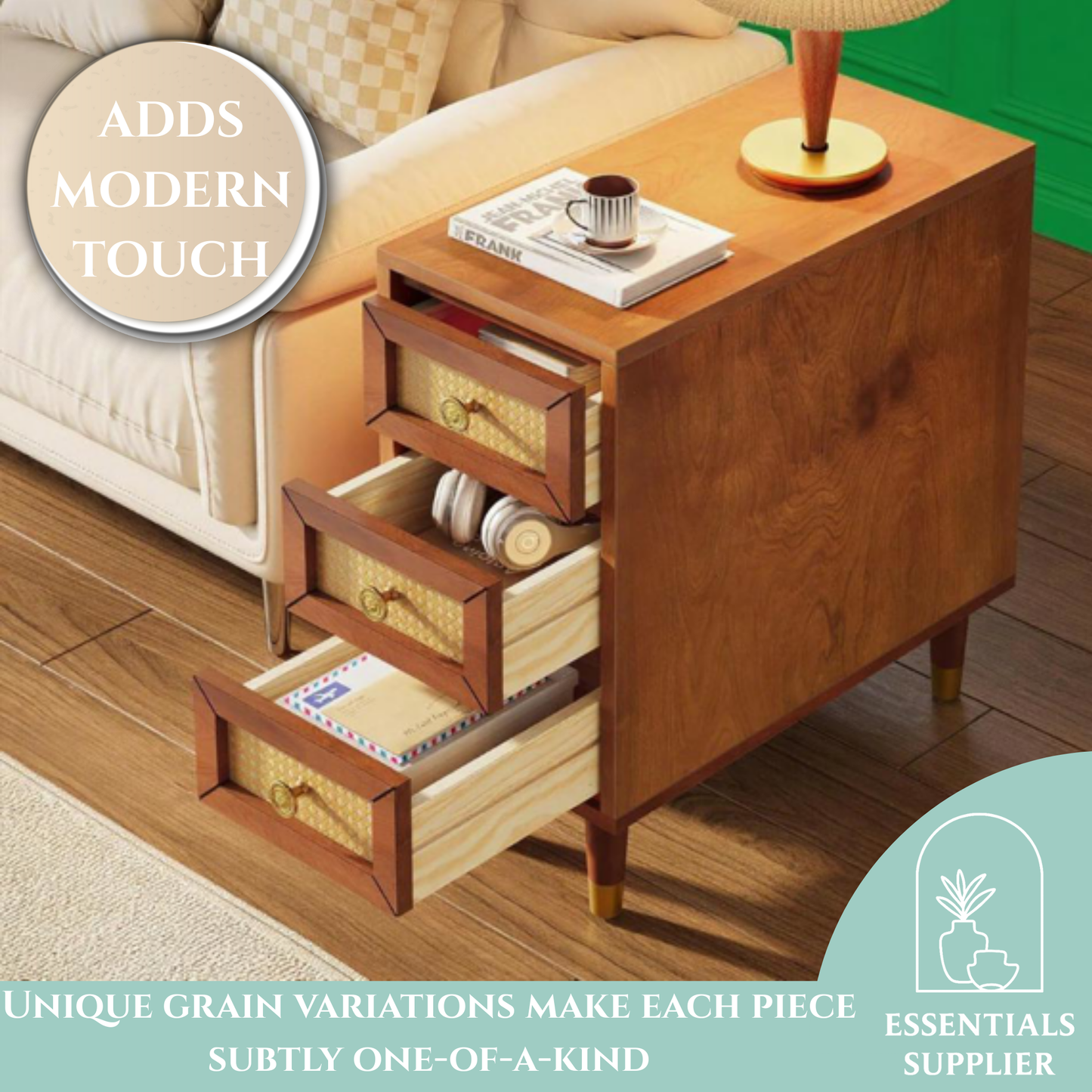 Solid Wood Coffee Table with 3 Rattan Drawers – Rustic Boho Accent End Table