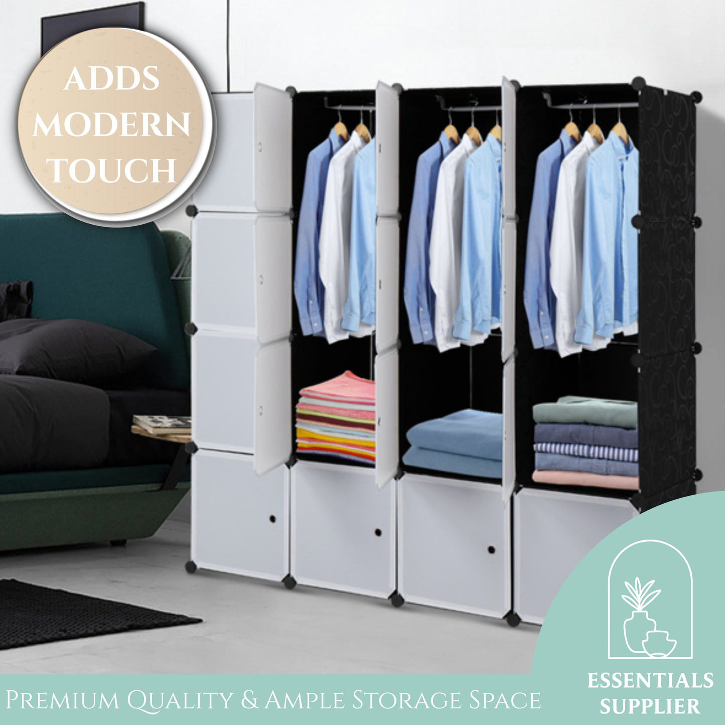 16-Cube Modular Closet Organizer with Hanging Rods, White Doors & Black Panels