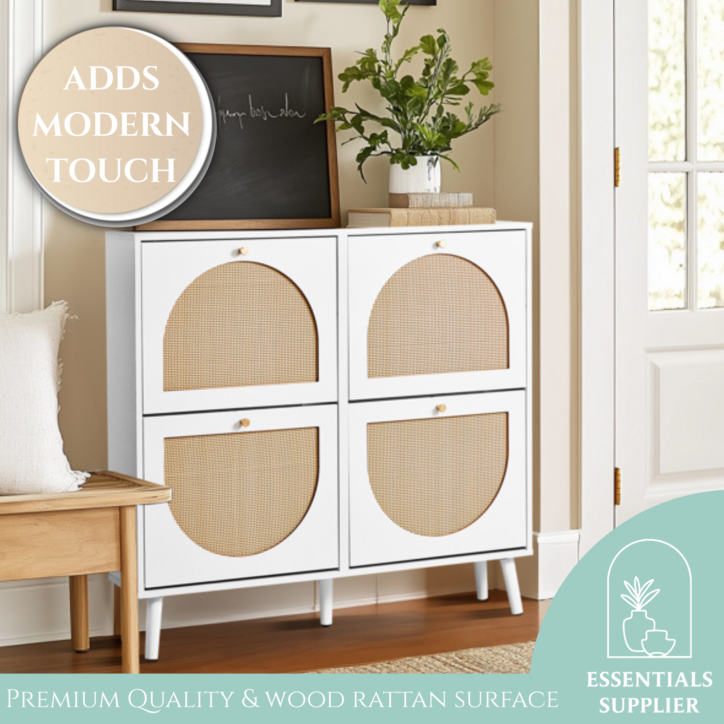2-Row 4-Bucket Rattan Shoe Cabinet, White & Wood Finish w/ Gold High Legs