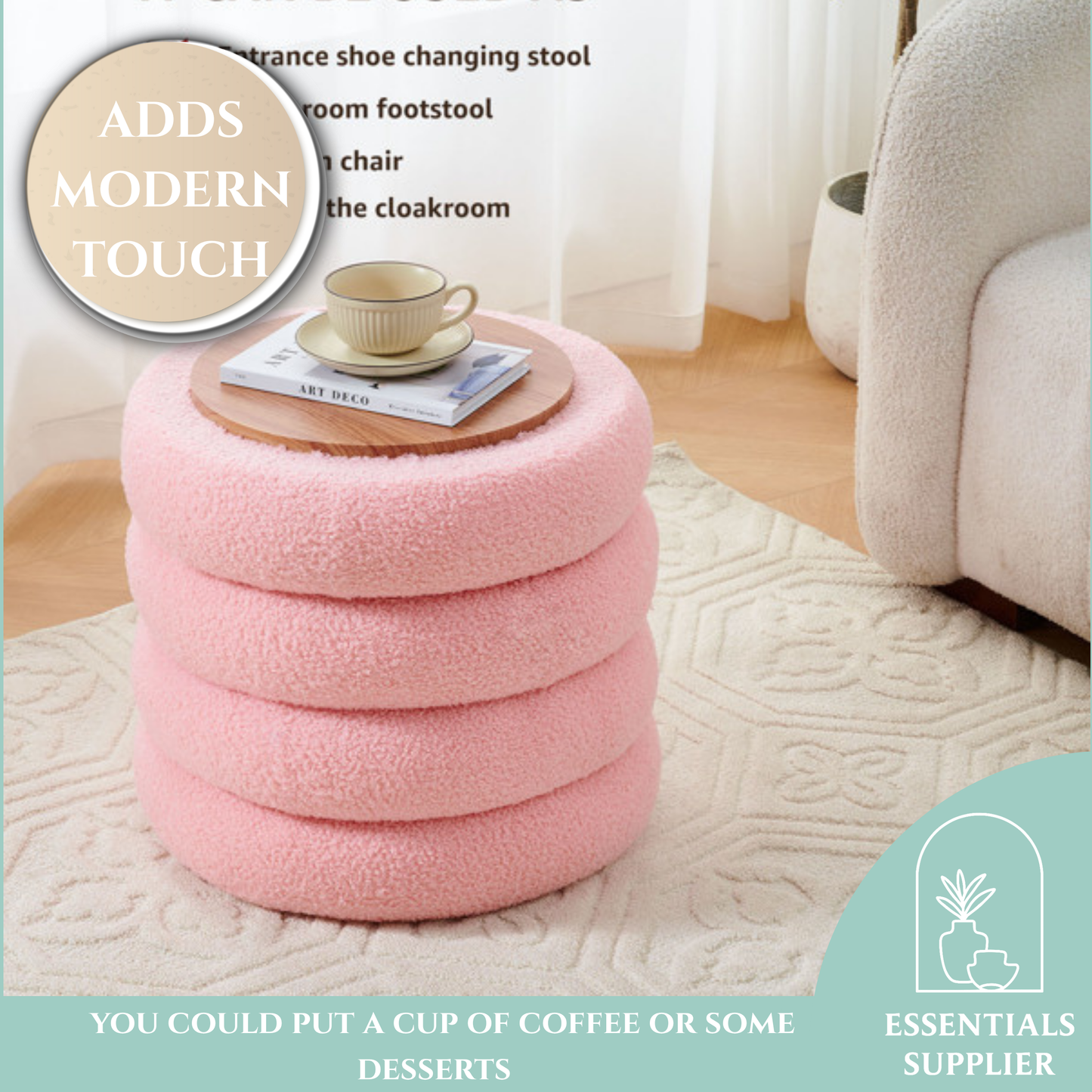 Round Shape Storage Ottoman Stool with Flip Tray, Vanity & Footrest Chair, Pink