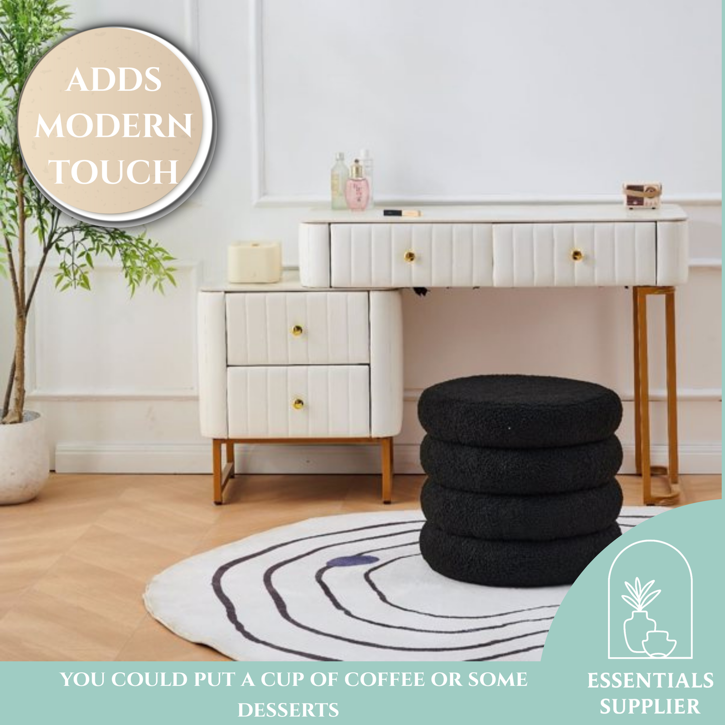 Round Shape Storage Ottoman Stool with Flip Tray, Vanity & Footrest Chair, Black