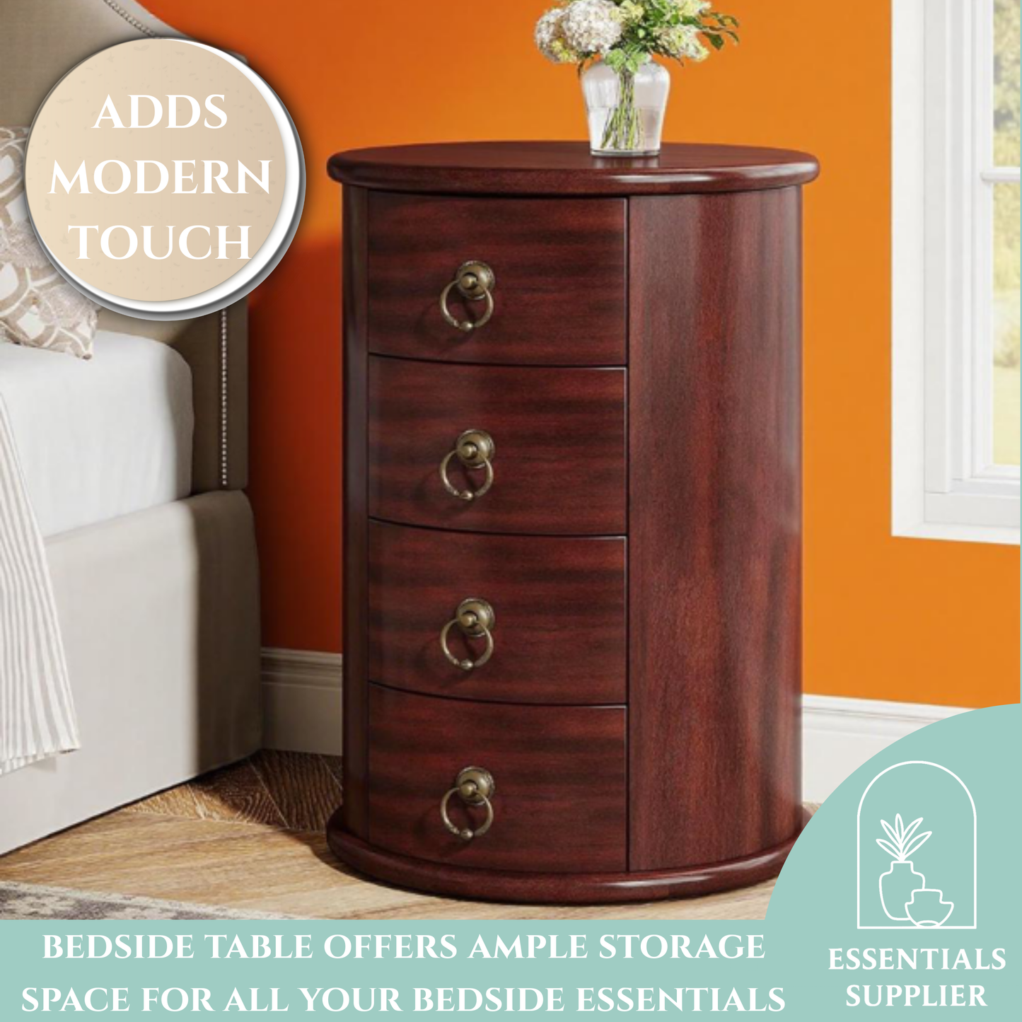Cherry Brown 4-Drawer Coffee Table Nightstand – Rustic Vintage Storage Side Table