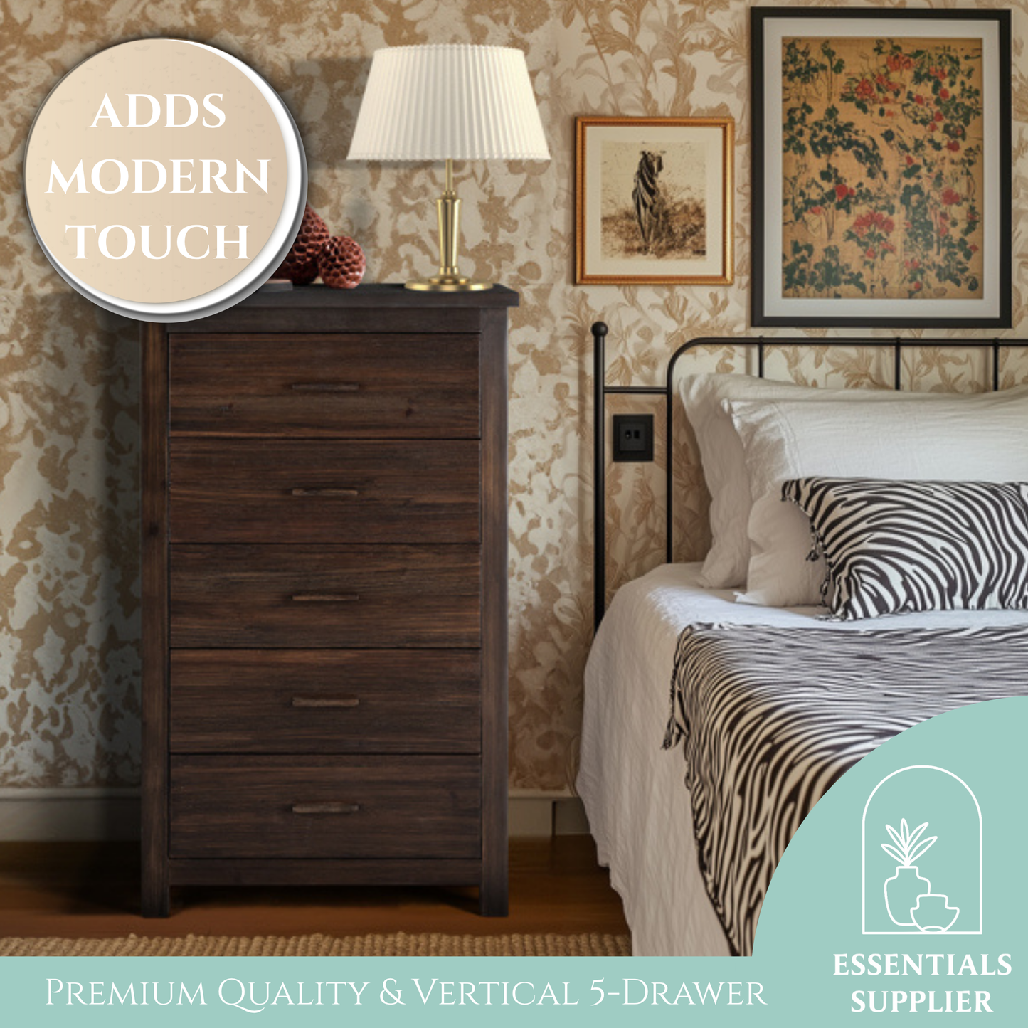 Vertical 5-Drawer Chest, Brown MDF with Wood Veneer, 73x40x120cm Storage Unit