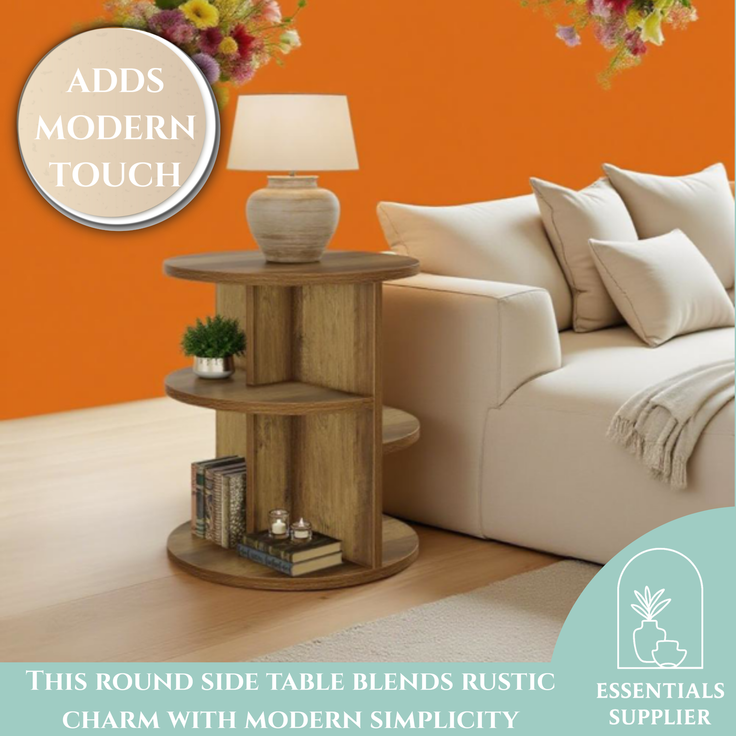 Farmhouse Round Coffee Table with 3-Tier Storage – Rustic Brown Sofa Side Table