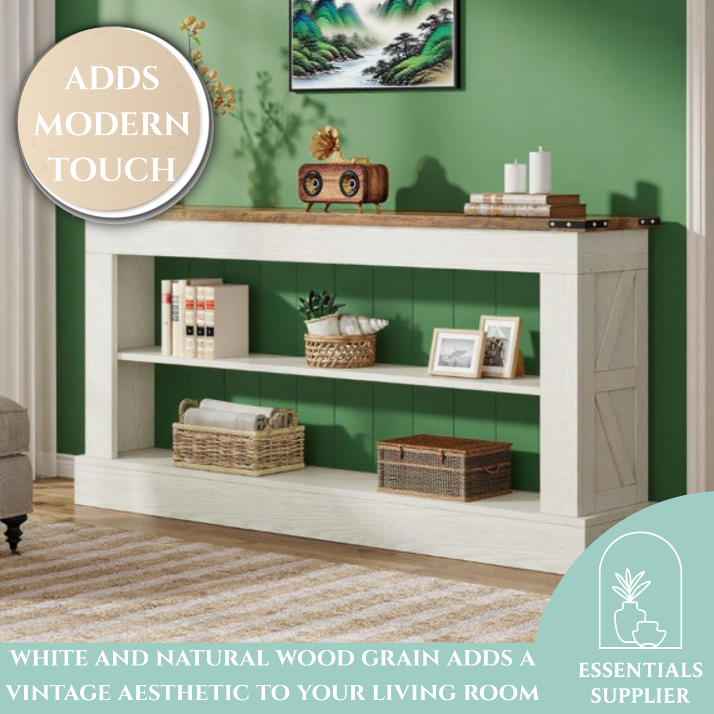 Modern Farmhouse Console Table with 2-Tier Shelves – White & Natural Wood