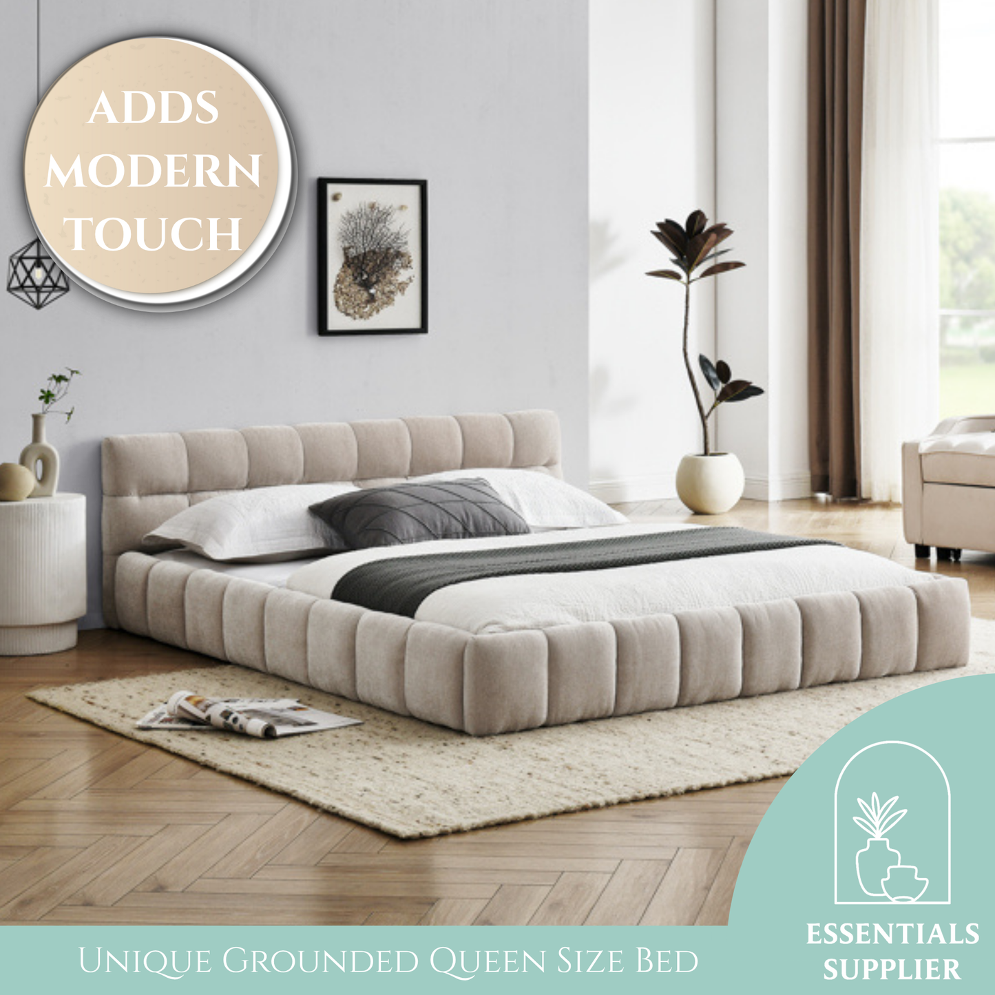 Queen Upholstered Platform Bed Frame with Headboard, Chenille Fabric, Beige
