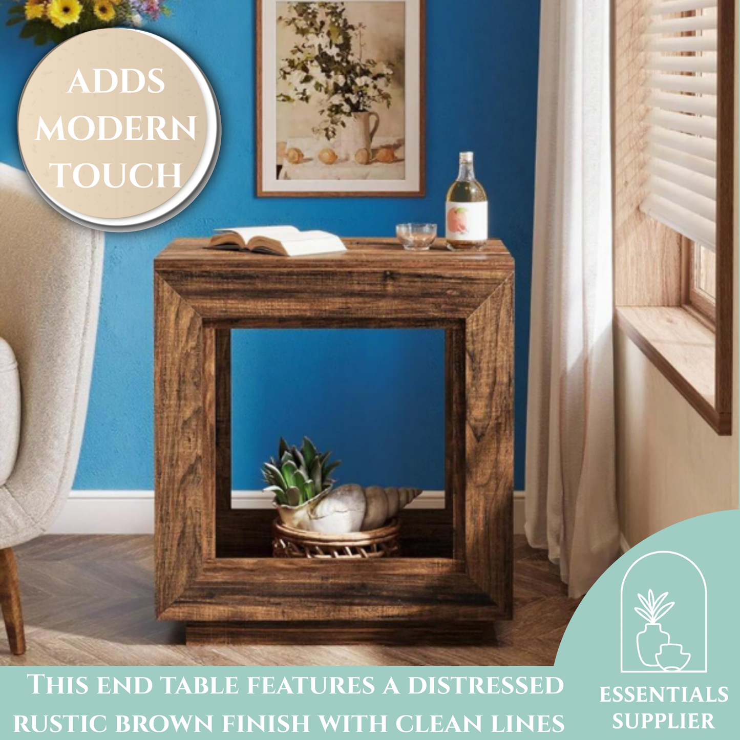 Rustic Farmhouse End Table with Shelf – Distressed Brown Coffee side Table