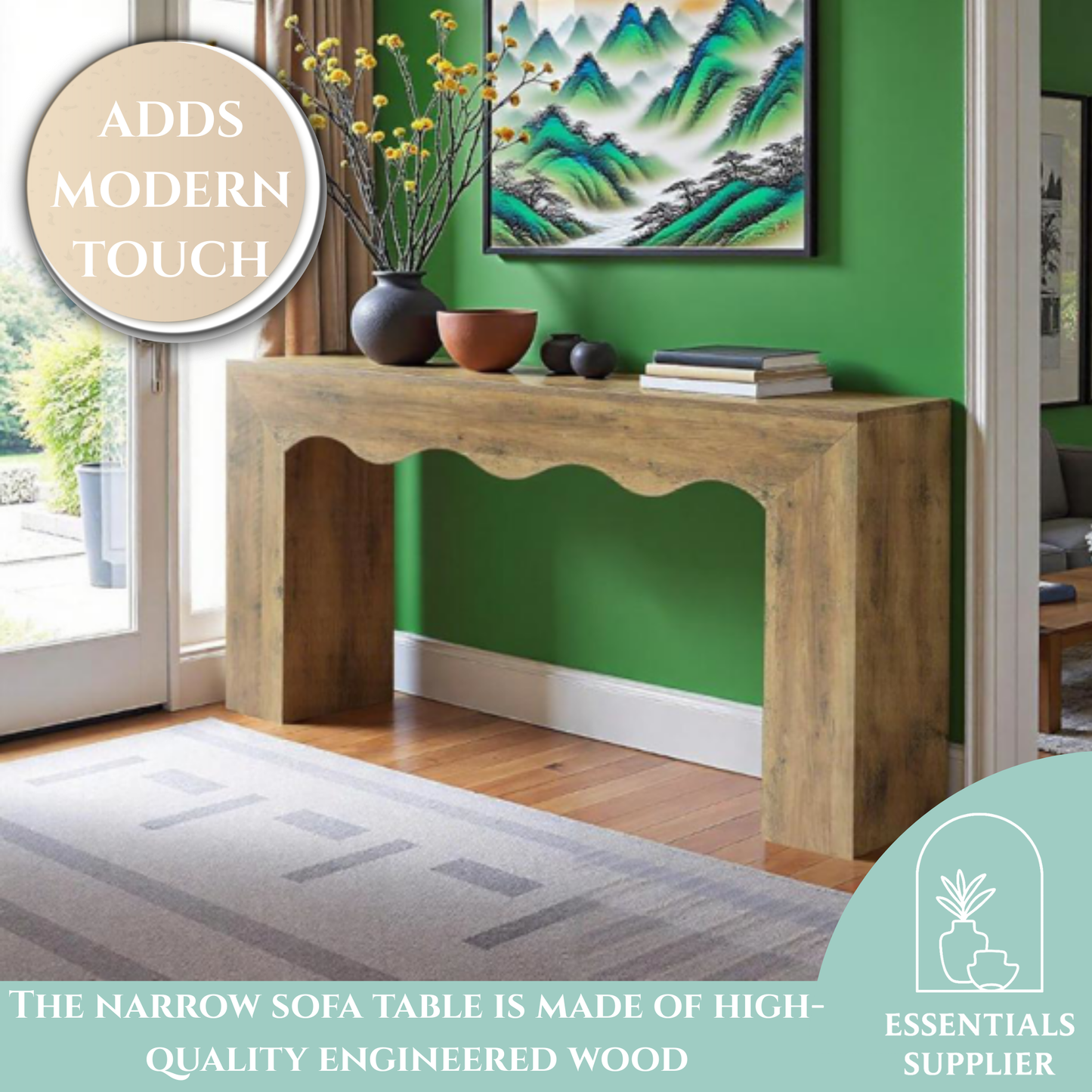 63" Retro Wavy Edge Console Table – Modern Entryway Sofa Table with Storage