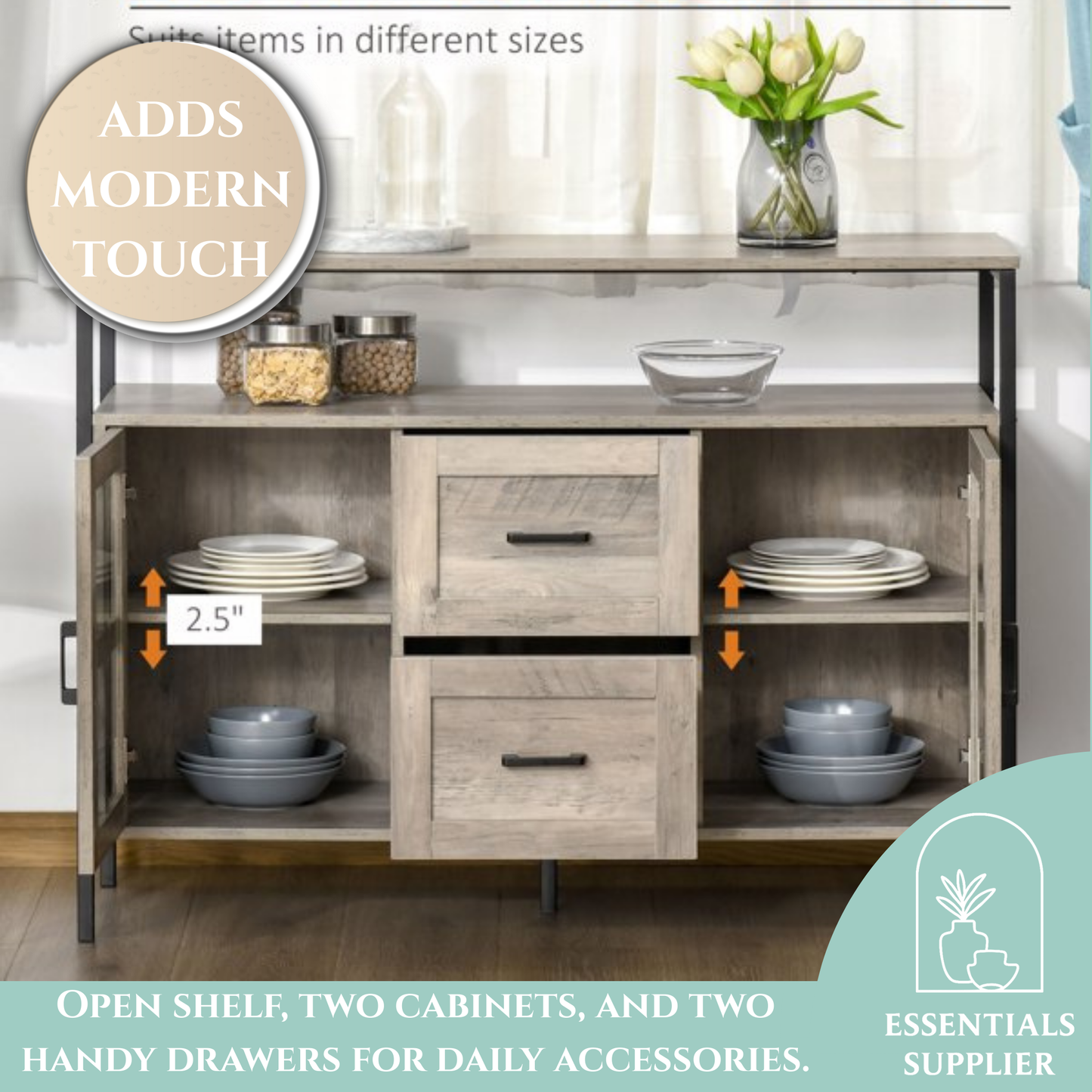 47" Industrial Gray Sideboard with Cabinets, Drawers & Open Shelf Storage
