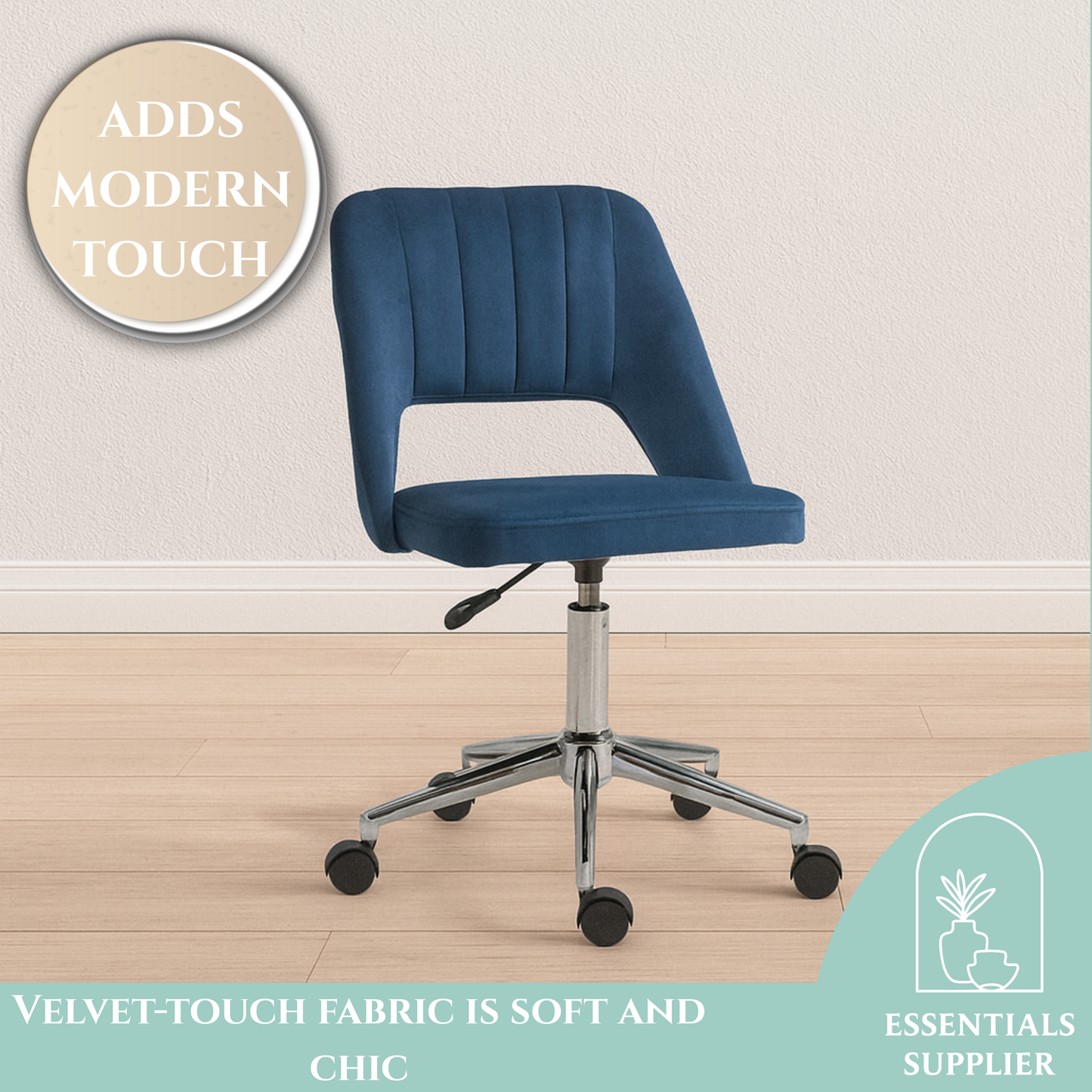 Modern Blue Velvet Office Chair – Adjustable Height, Swivel Base & Scallop Backrest