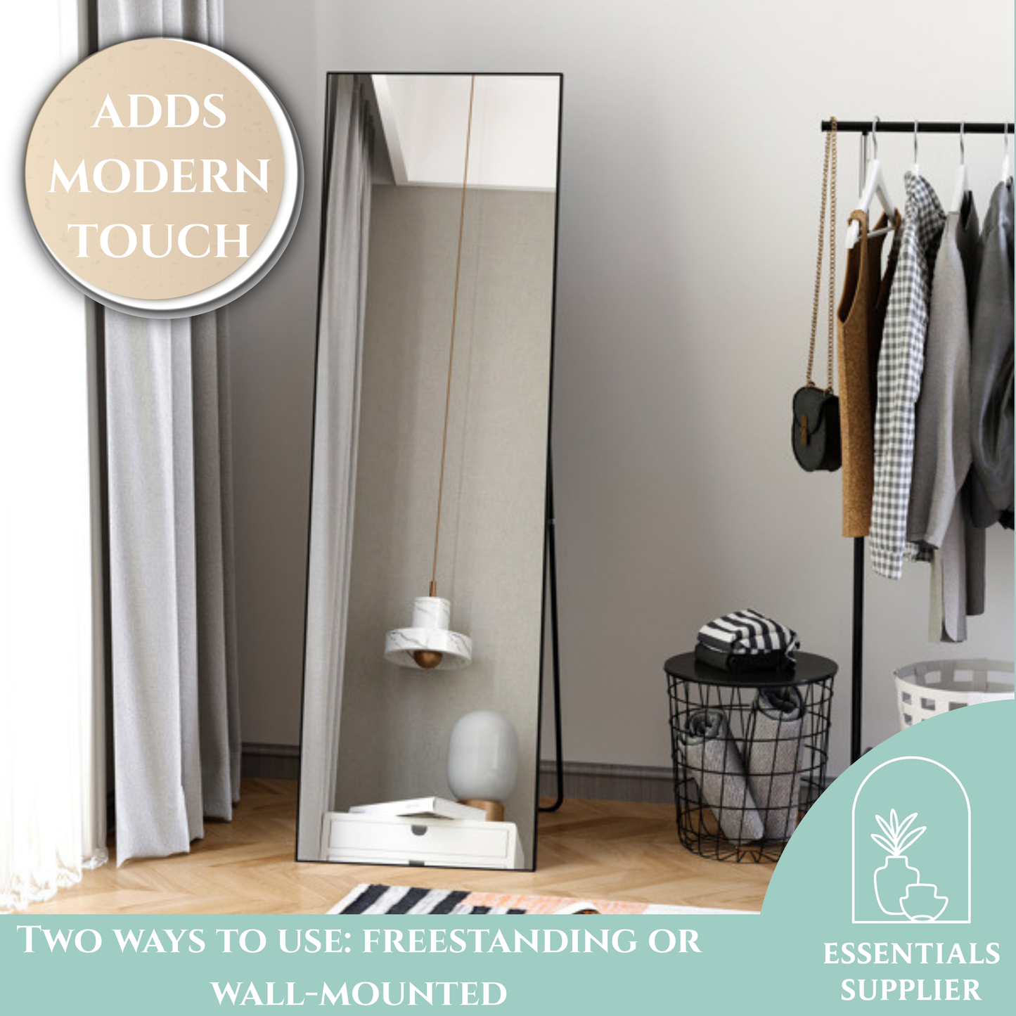 Modern Black Full-Length Dressing Mirror – Freestanding or Wall-Mount Design