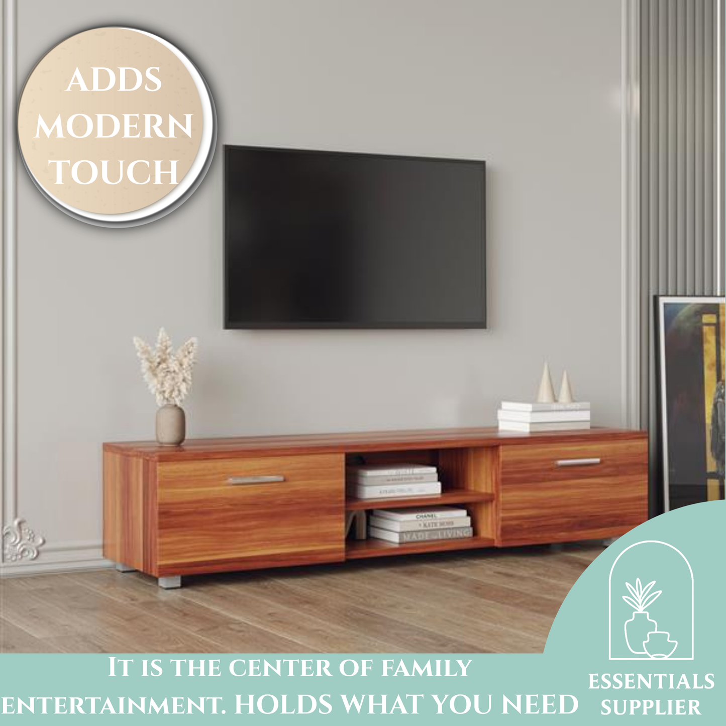 Walnut TV Stand for 70” TVs – Media Console with Drawers & Shelves