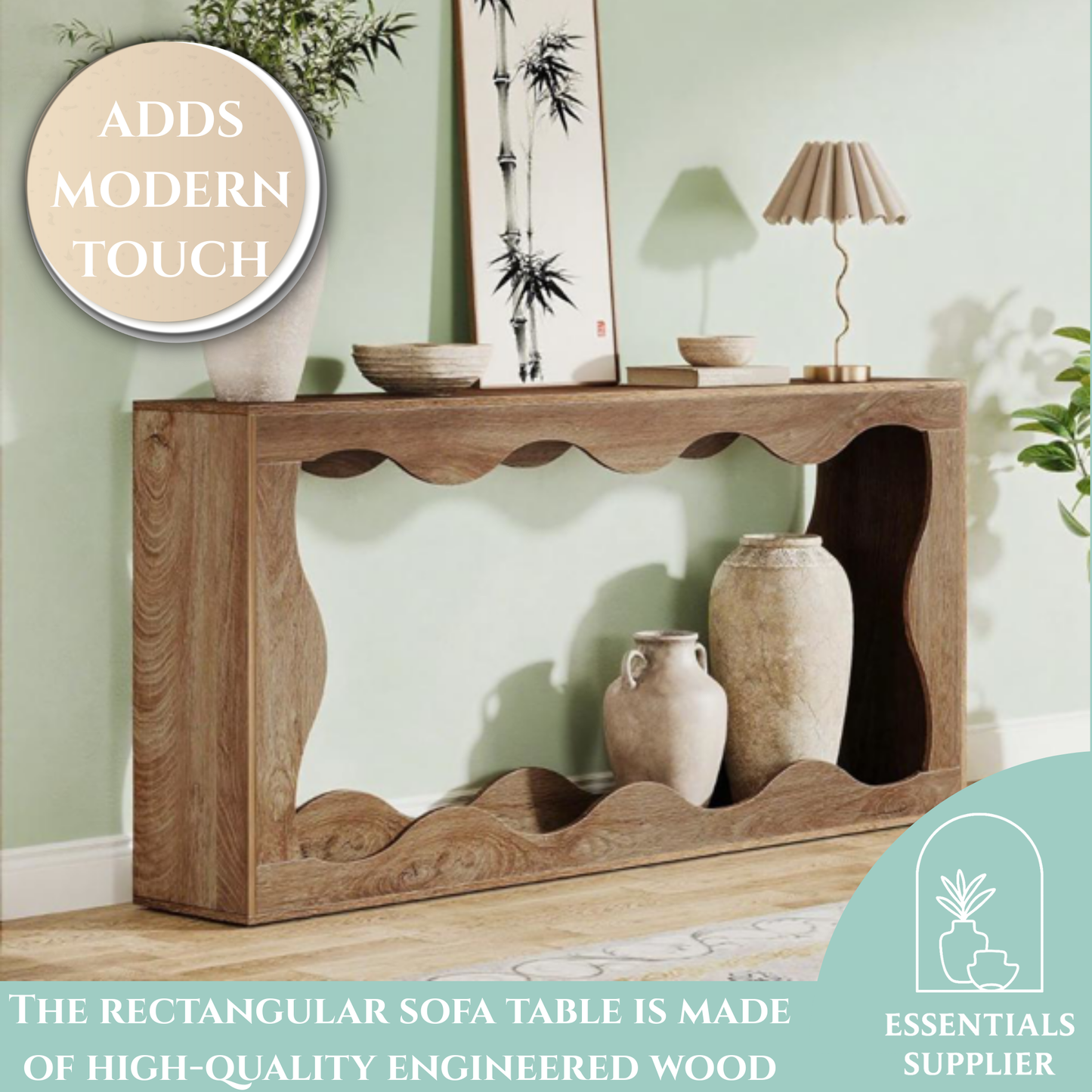 63" Light Brown Farmhouse Wavy Console Table – 2-Tier Entryway & Sofa Table
