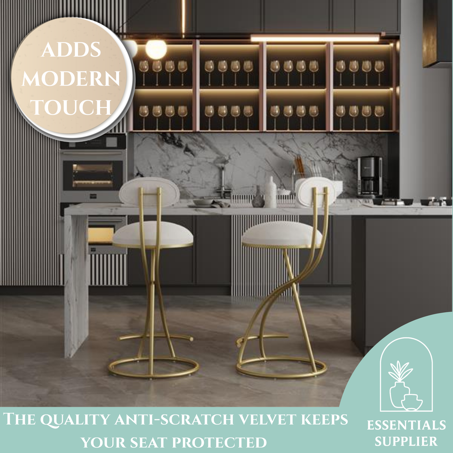 Set of 2 Velvet Round Bar Stools with Back – Gold & Cream Upholstered Counter Chairs