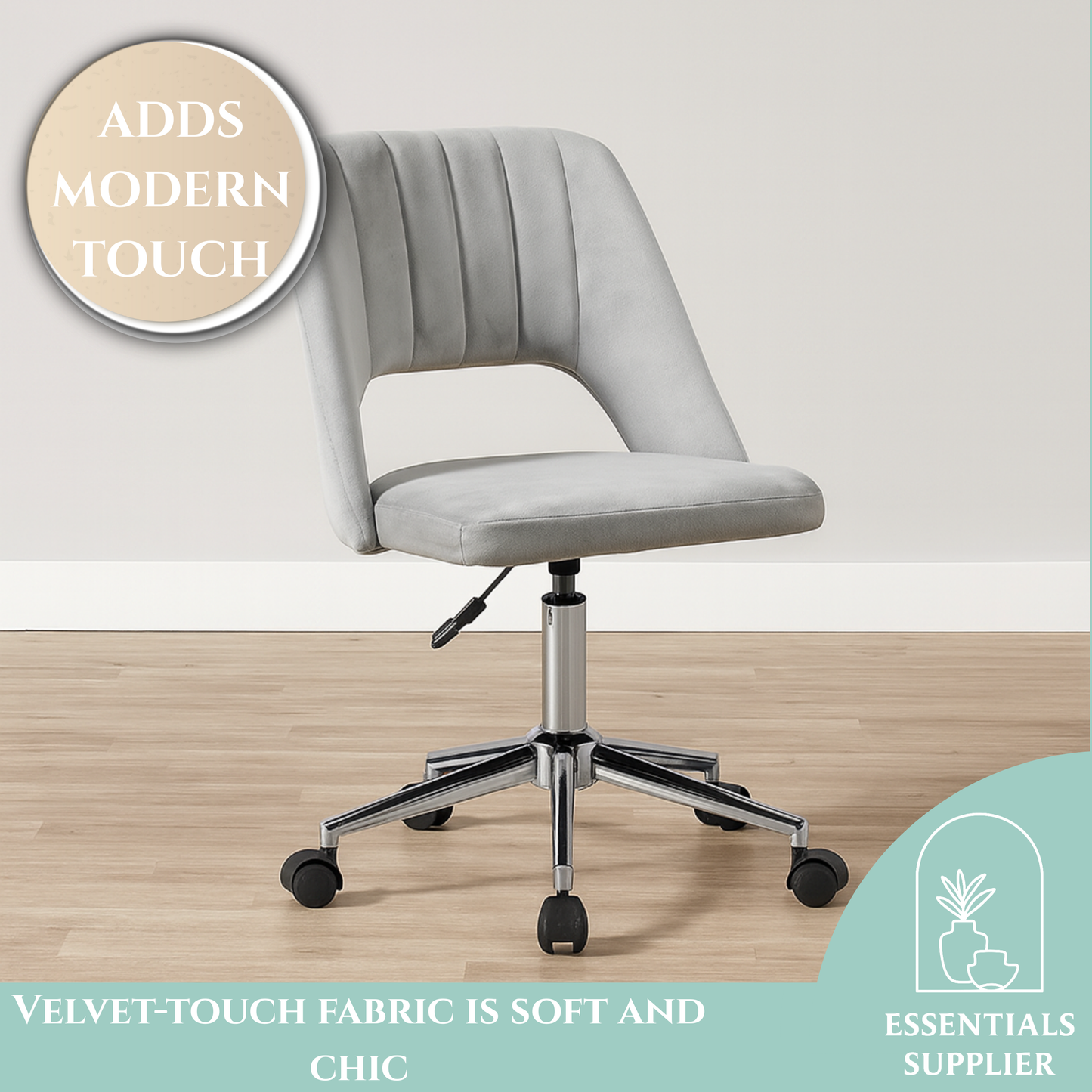 Modern Grey Velvet Office Chair – Adjustable Height, Swivel Base & Scallop Backrest