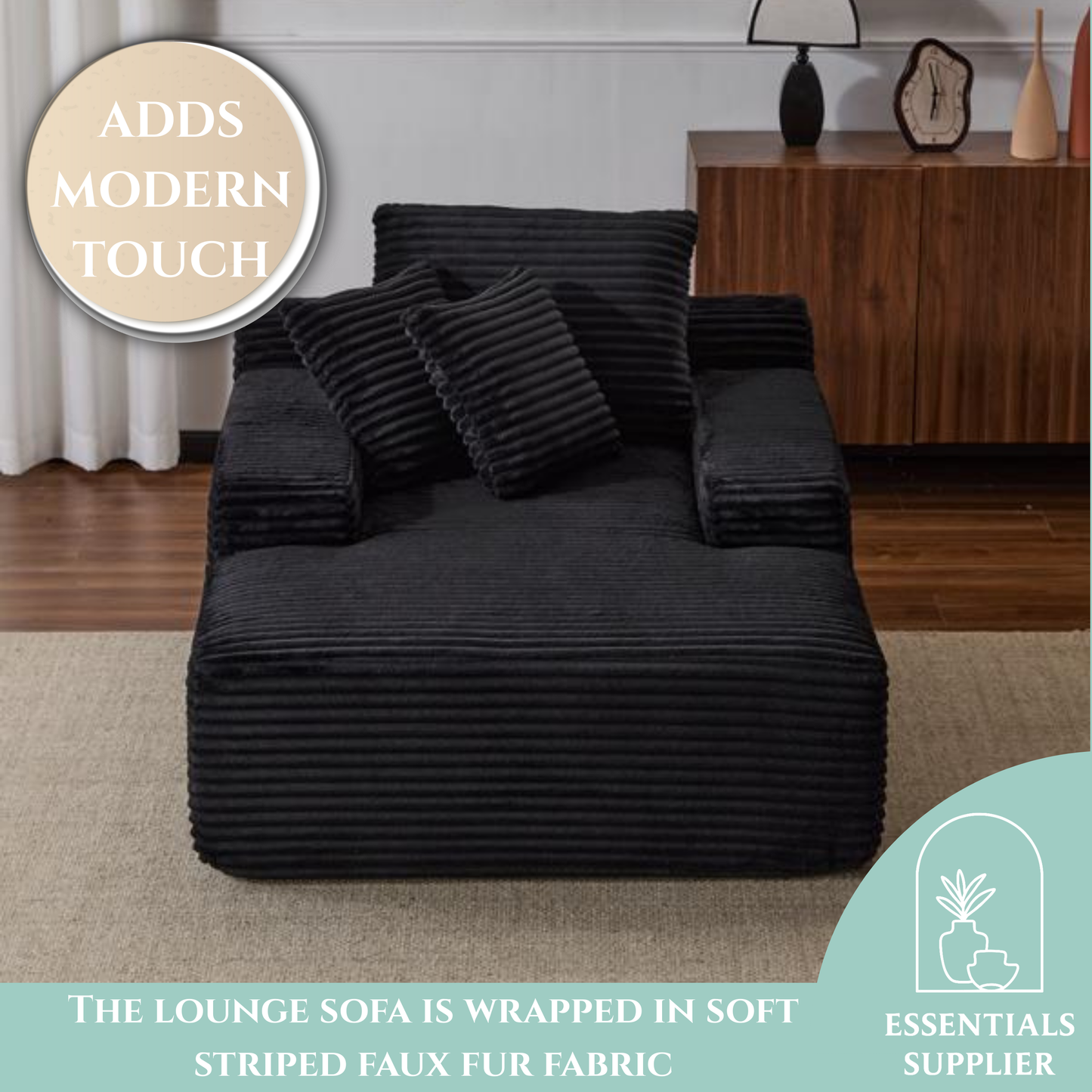 Oversized Chaise Lounge Chair – Plush Corduroy Cloud Couch with 3 Pillows, Black