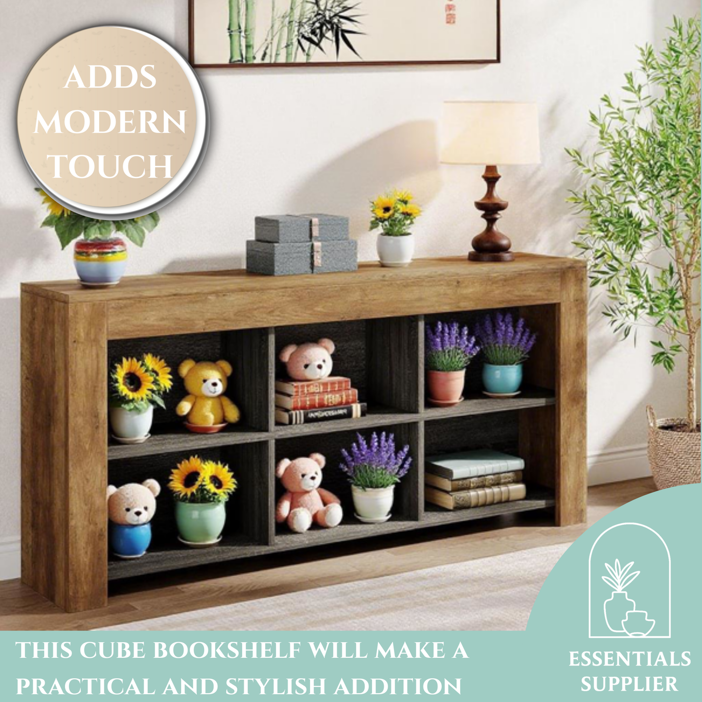 Rustic Brown 6-Cube Long Console Table – Industrial Low Bookshelf & TV Stand