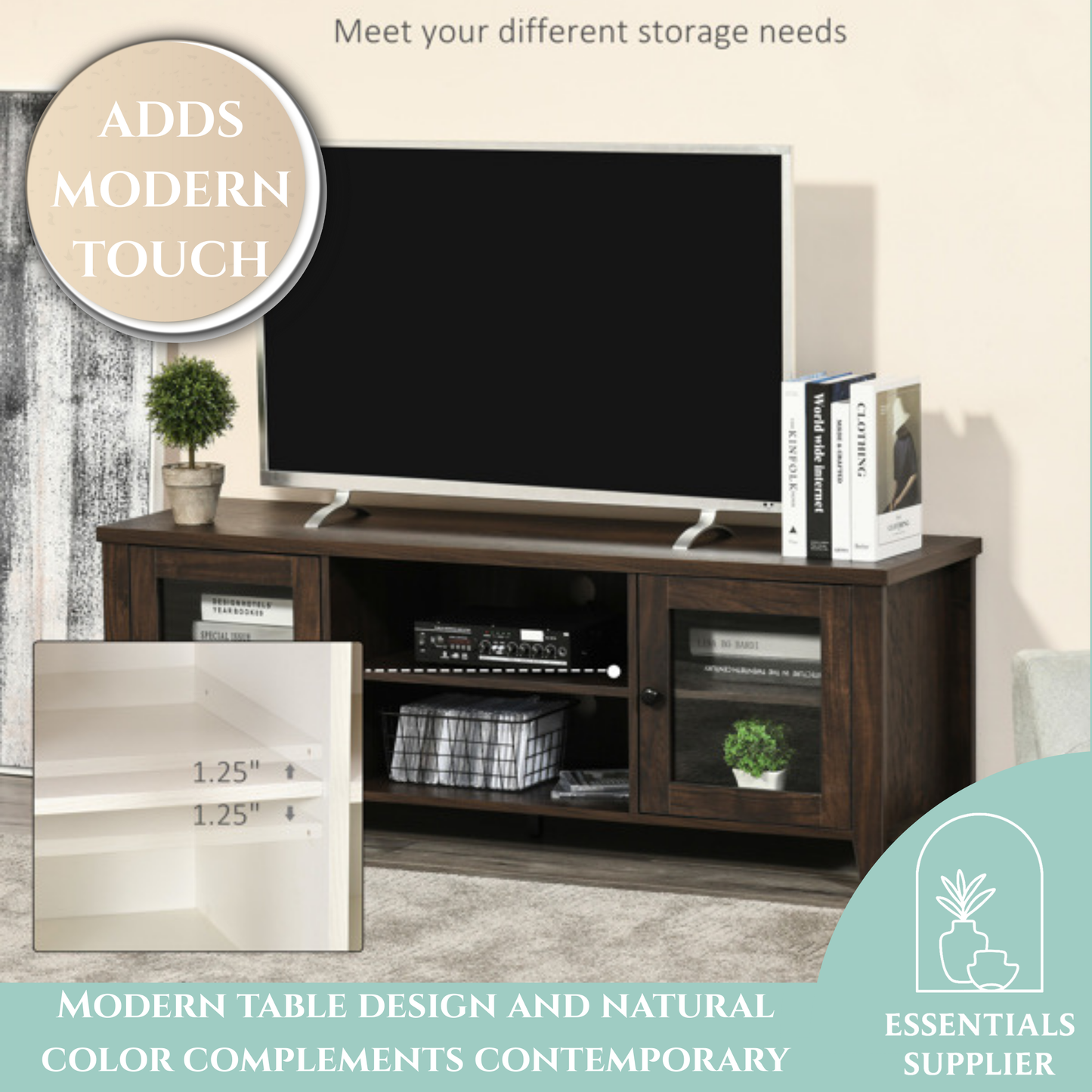 55" Coffee LED TV Stand with Adjustable Shelves & Cable Management – Modern Cabinet