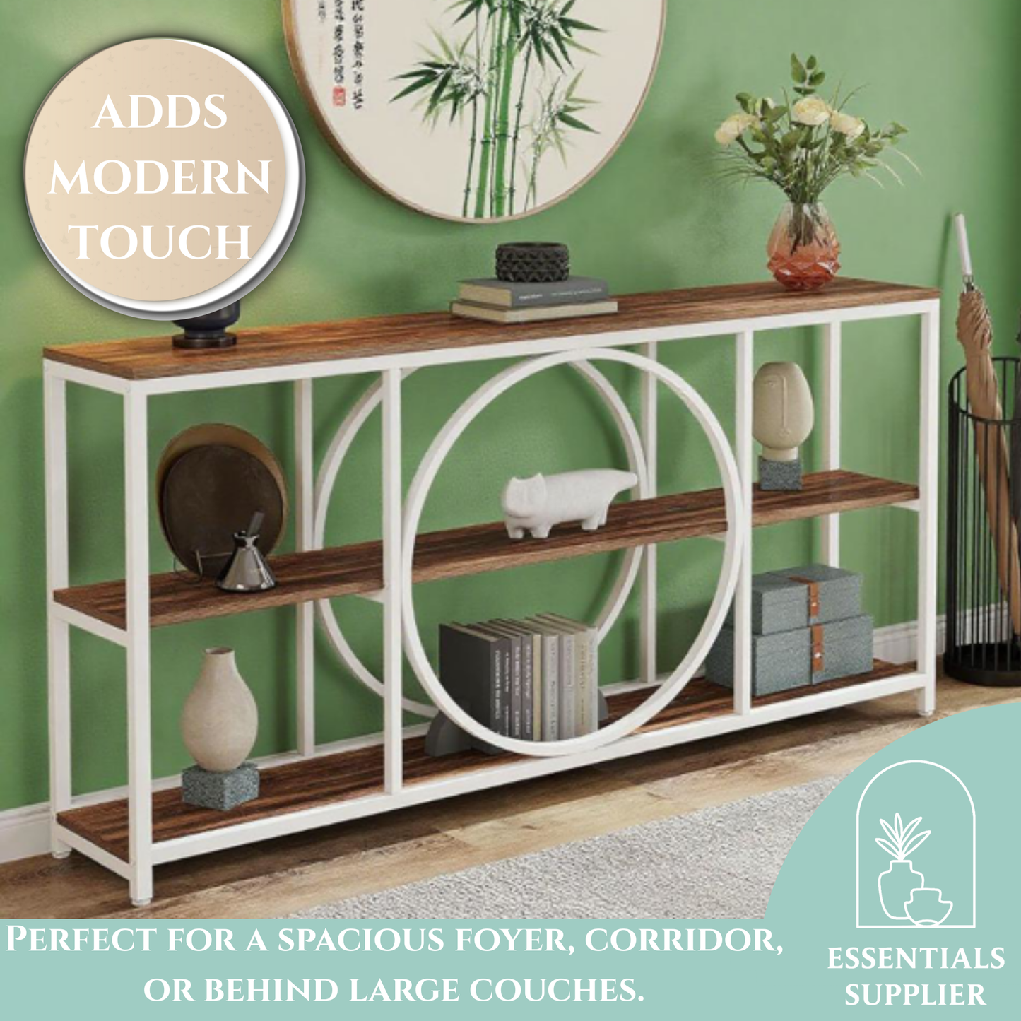 70.9" White Walnut Console Table with 3-Tier Shelves – Modern Industrial Accent