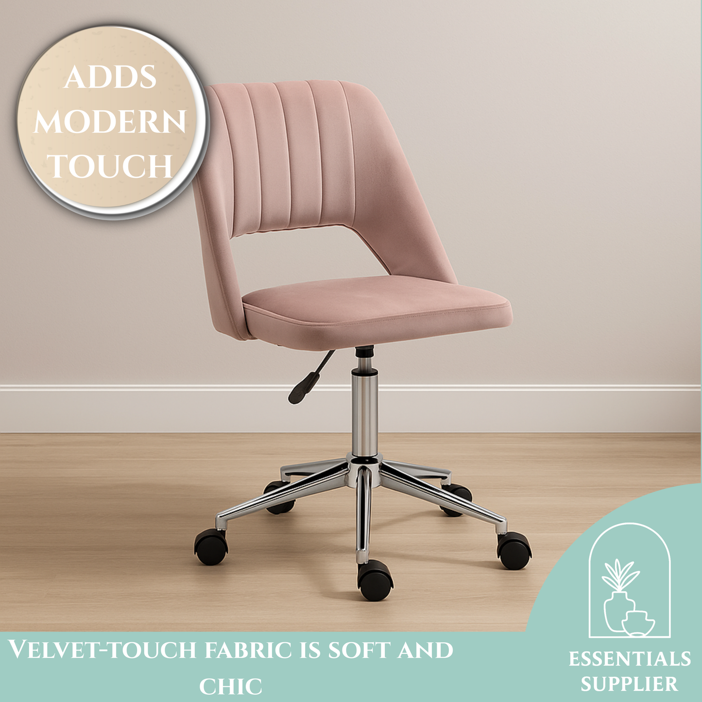 Modern Pink Velvet Office Chair – Adjustable Height, Swivel Base & Scallop Backrest