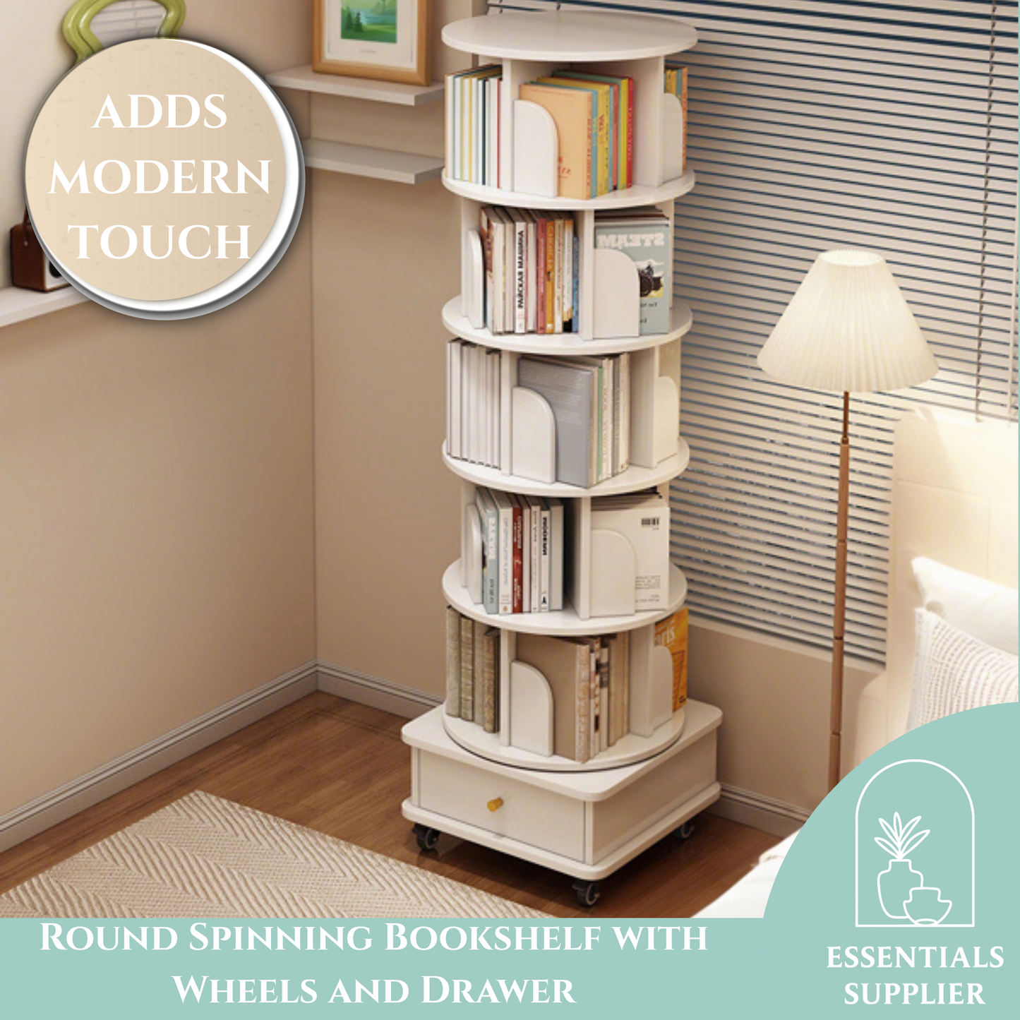 6-Tier 360° Rotating Bookshelf with Wheels & Drawer, Space-Saving Warm White