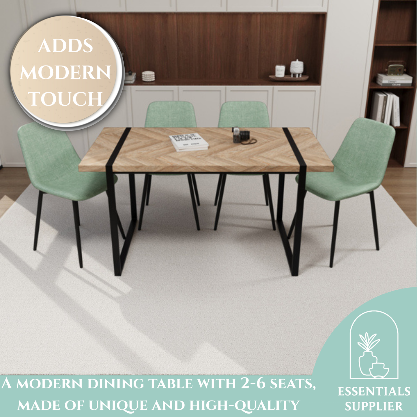 59" Light Wood Dining Table Set w/ 4 Suede Chairs – Modern & Cozy Style