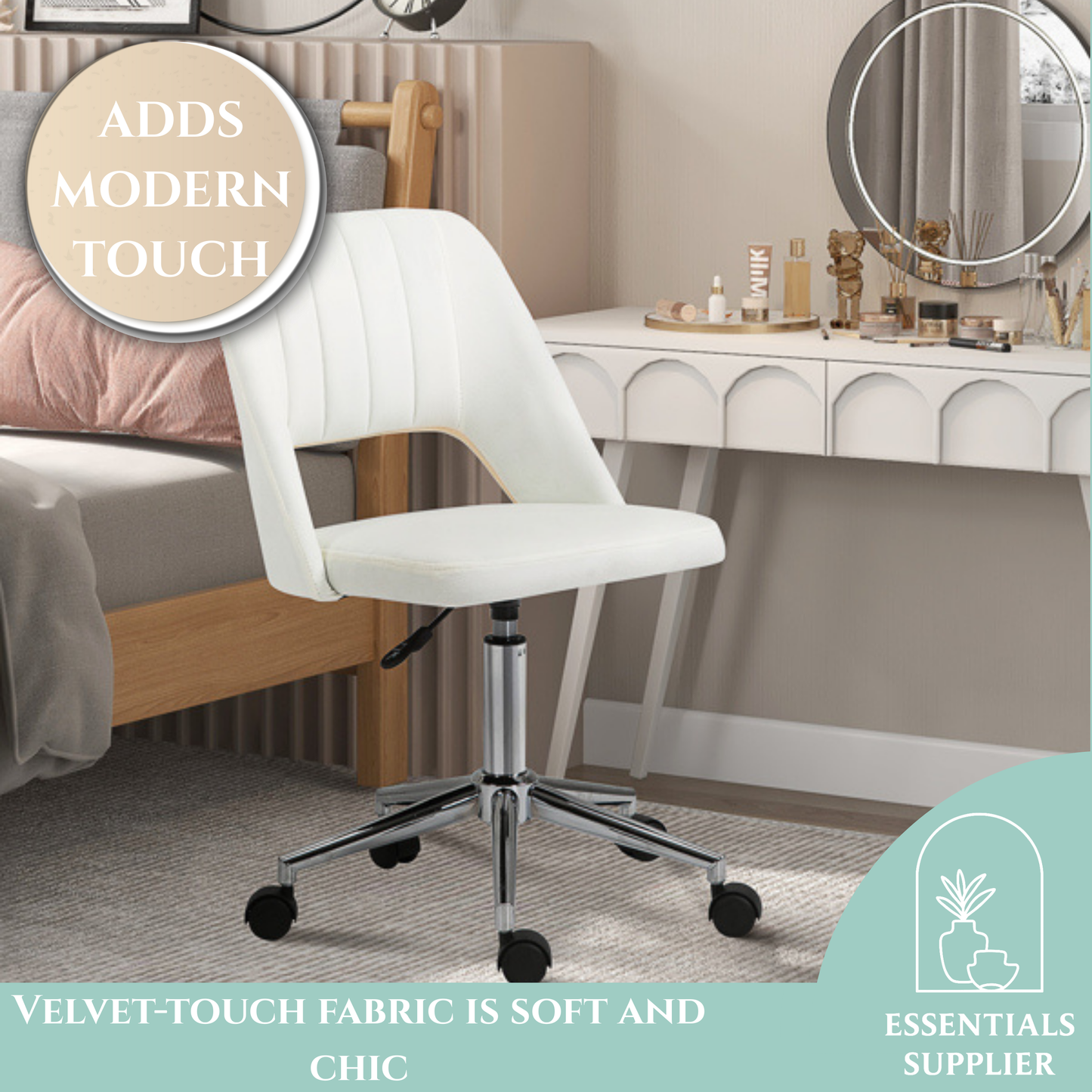 Modern White Velvet Office Chair – Adjustable Height, Swivel Base & Scallop Backrest