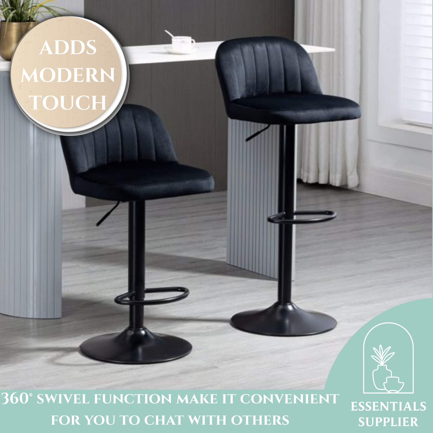Set of 2 Black Velvet Adjustable Swivel Bar Stools with Footrest – Modern Counter Chairs