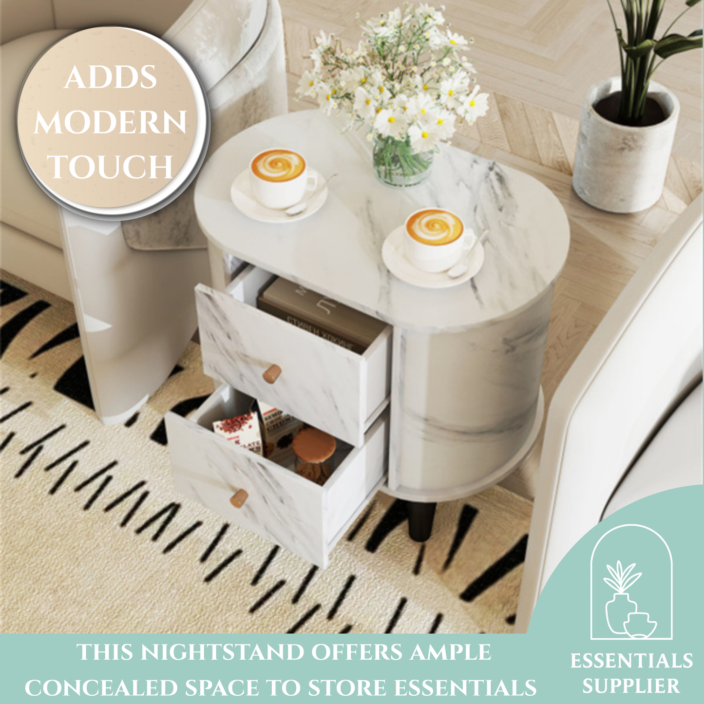 White Nightstand with Faux Marble Top & 2 Drawers – Modern Bedroom Side Table