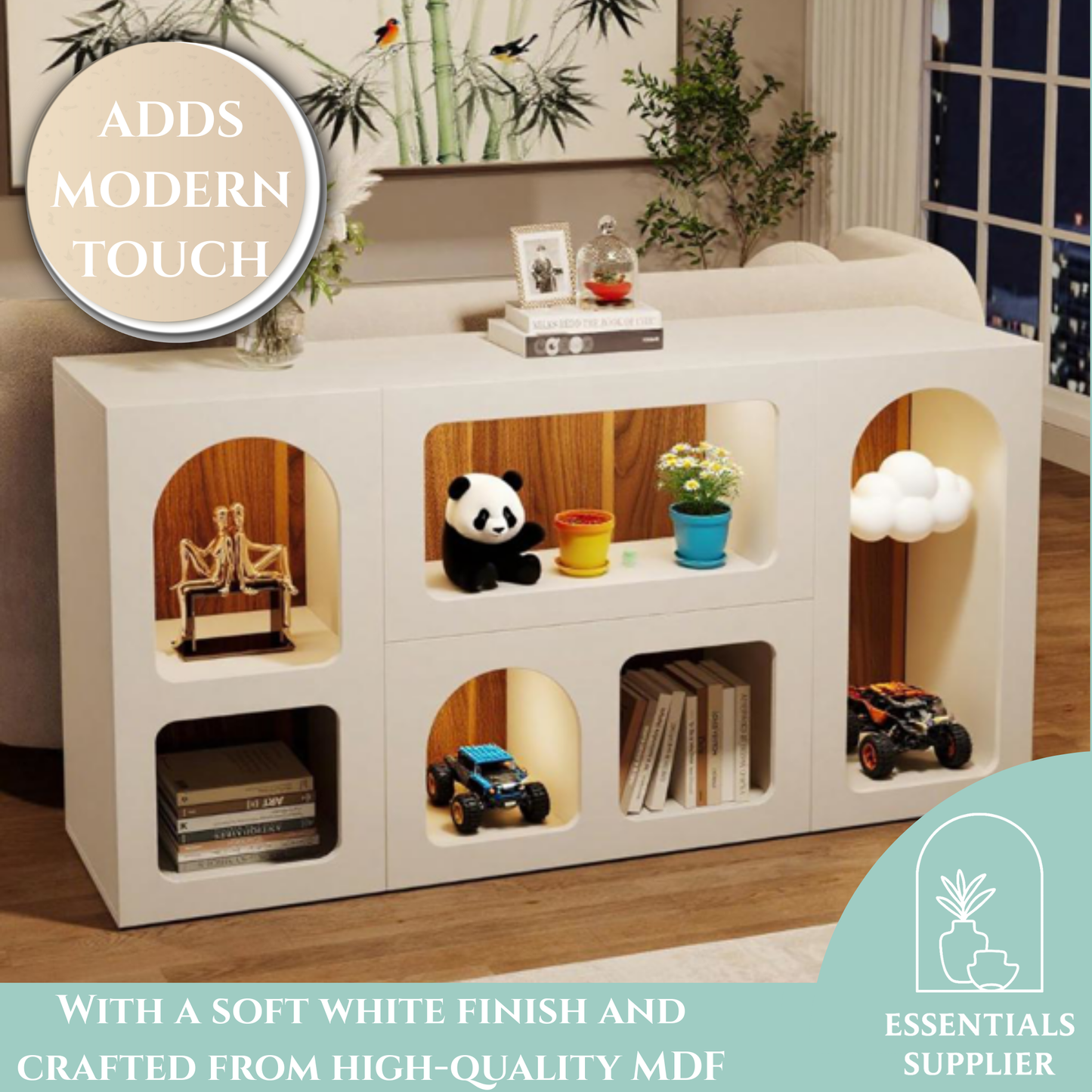 Modern White 6-Compartment Long Console Table – Elegant Storage & Display Unit