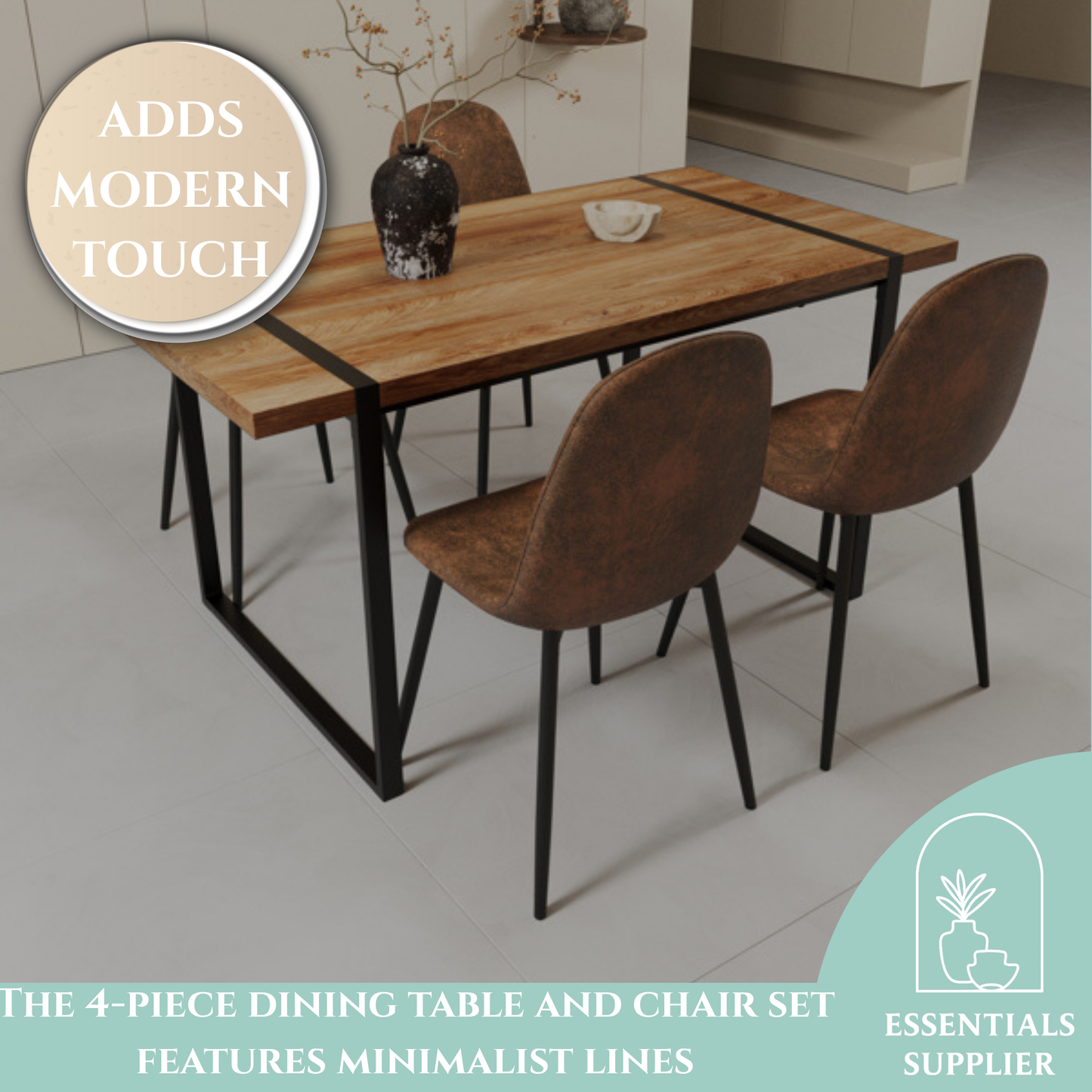 59" Wood Dining Table Set w/ 4 Suede Chairs | Industrial Metal Frame Design