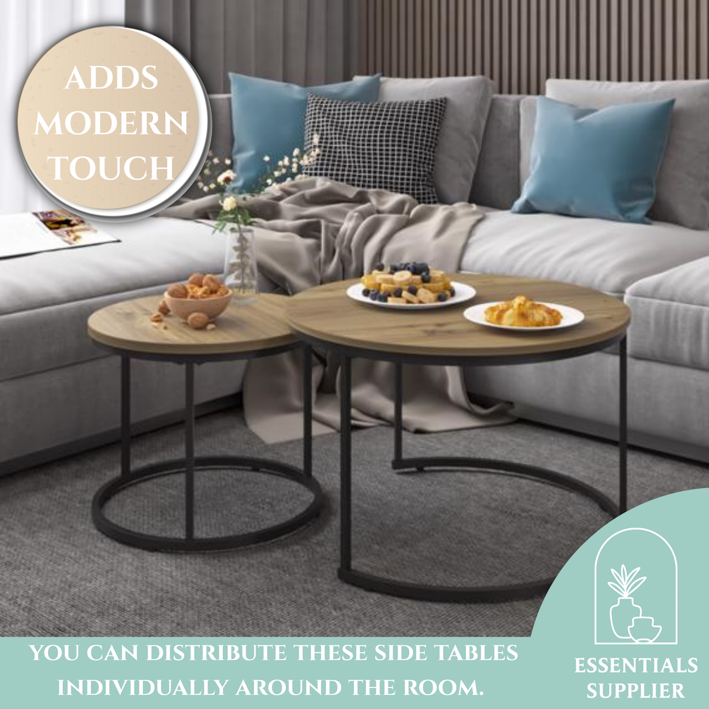Round Nesting Coffee Table Set of 2 with Marble Top & Metal Frame – Modern Living Room