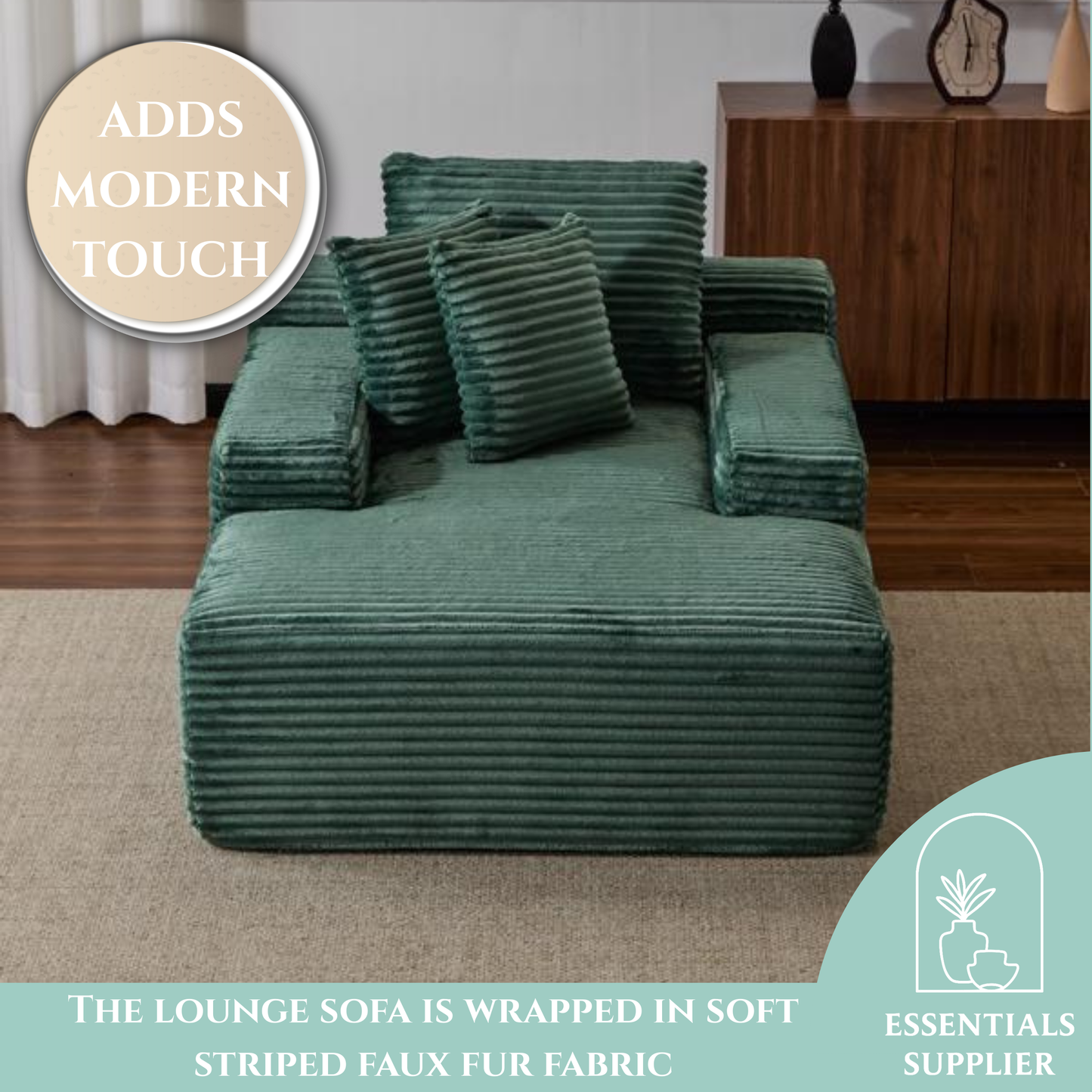 Oversized Chaise Lounge Chair – Plush Corduroy Cloud Couch with 3 Pillows, Green